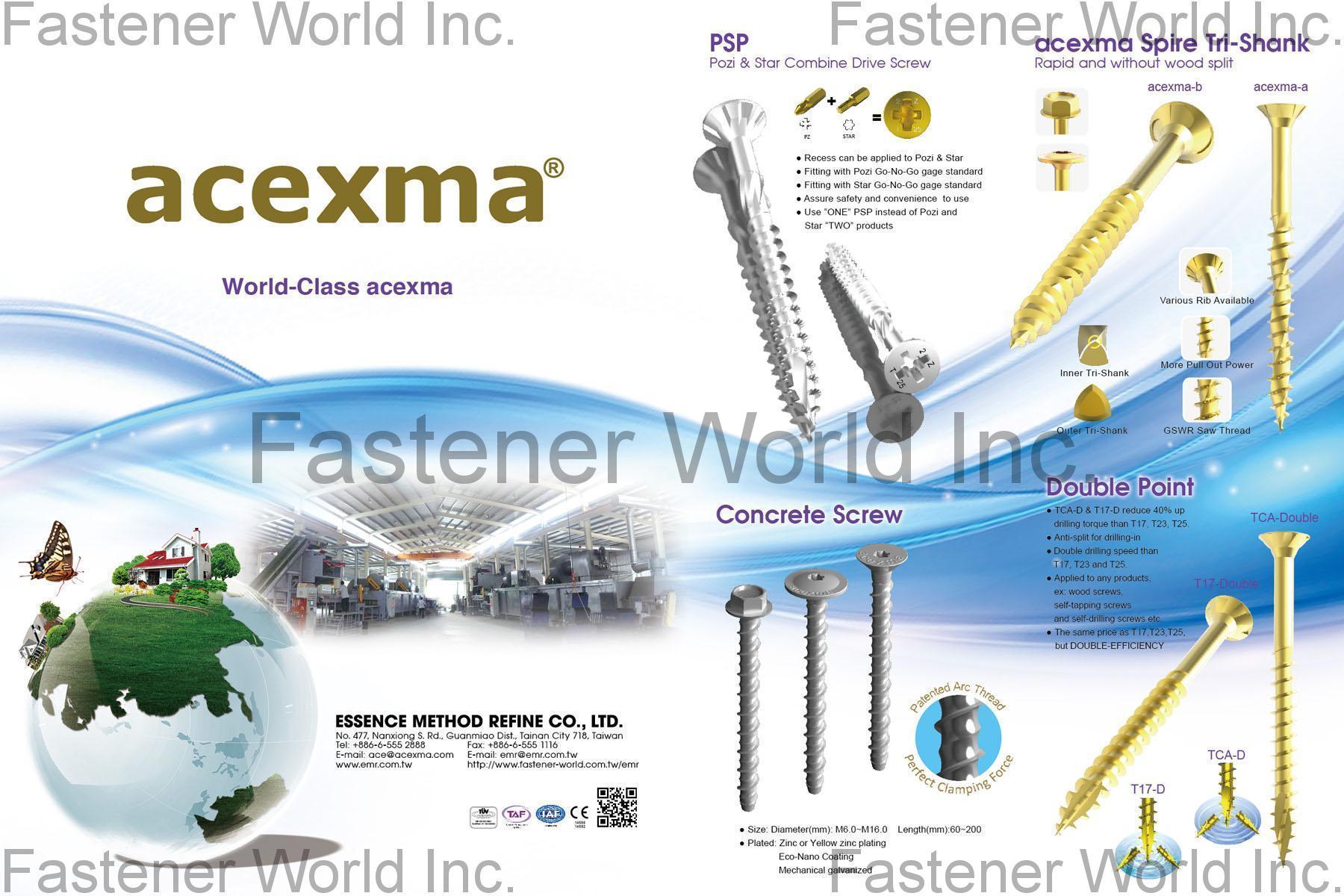 ESSENCE METHOD REFINE CO., LTD. , Acexma Spire Tri-Shank, Double Cutting Point, Concrete Screw , Wood Screws