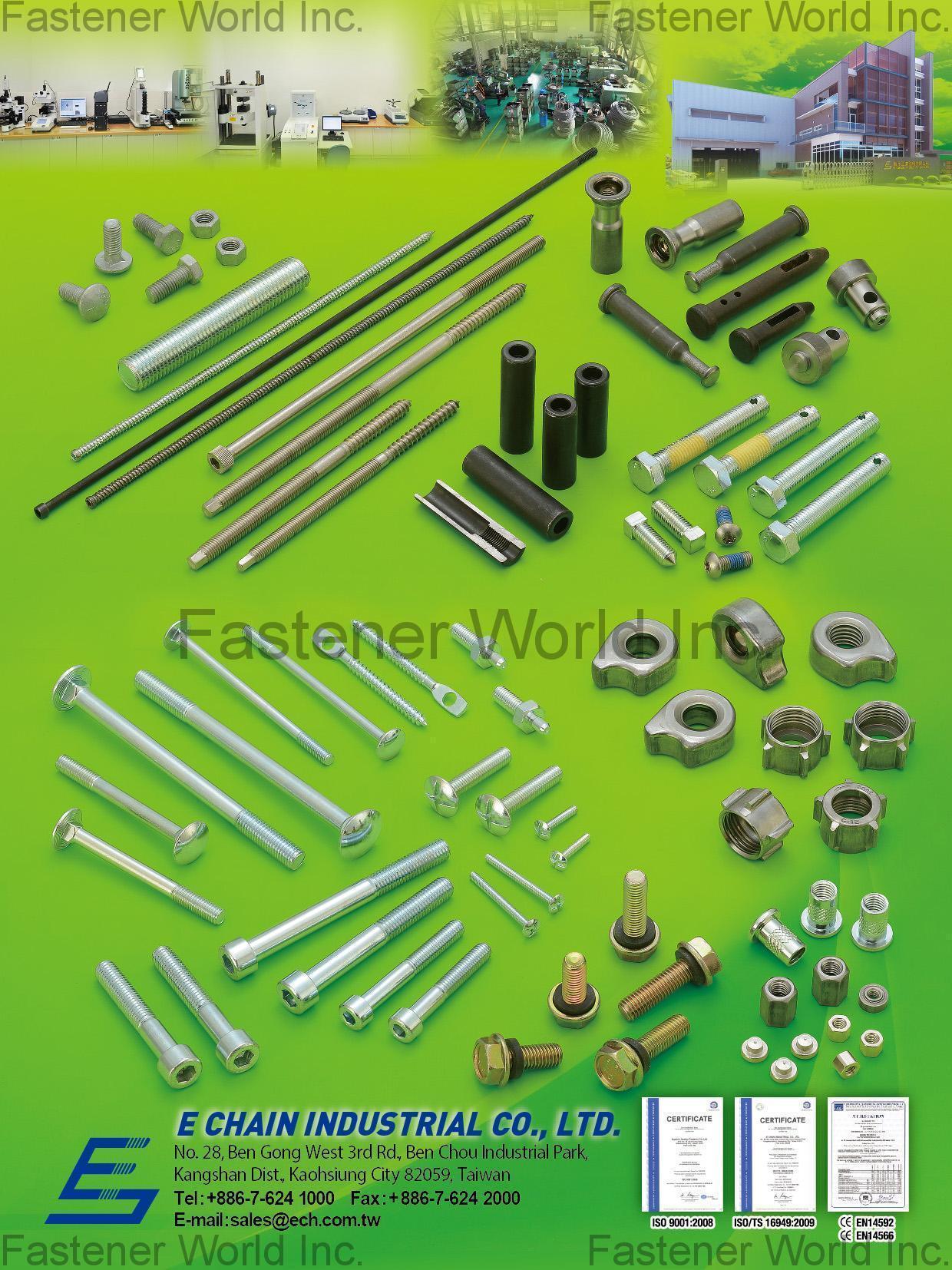 E CHAIN INDUSTRIAL CO., LTD. , Chipboard Screws, Self-Drilling Screws, Machine Screws, Tapping Screws, Close Die Parts, Drywall Screws, Stamping Parts, Carriage Bolts, Weld Bushing Weld Screws, Weld Nuts, Lug Nuts, Eye Bolts, Spring Nuts, Thread Rod, Turning Parts , CNC parts, CNC lathe