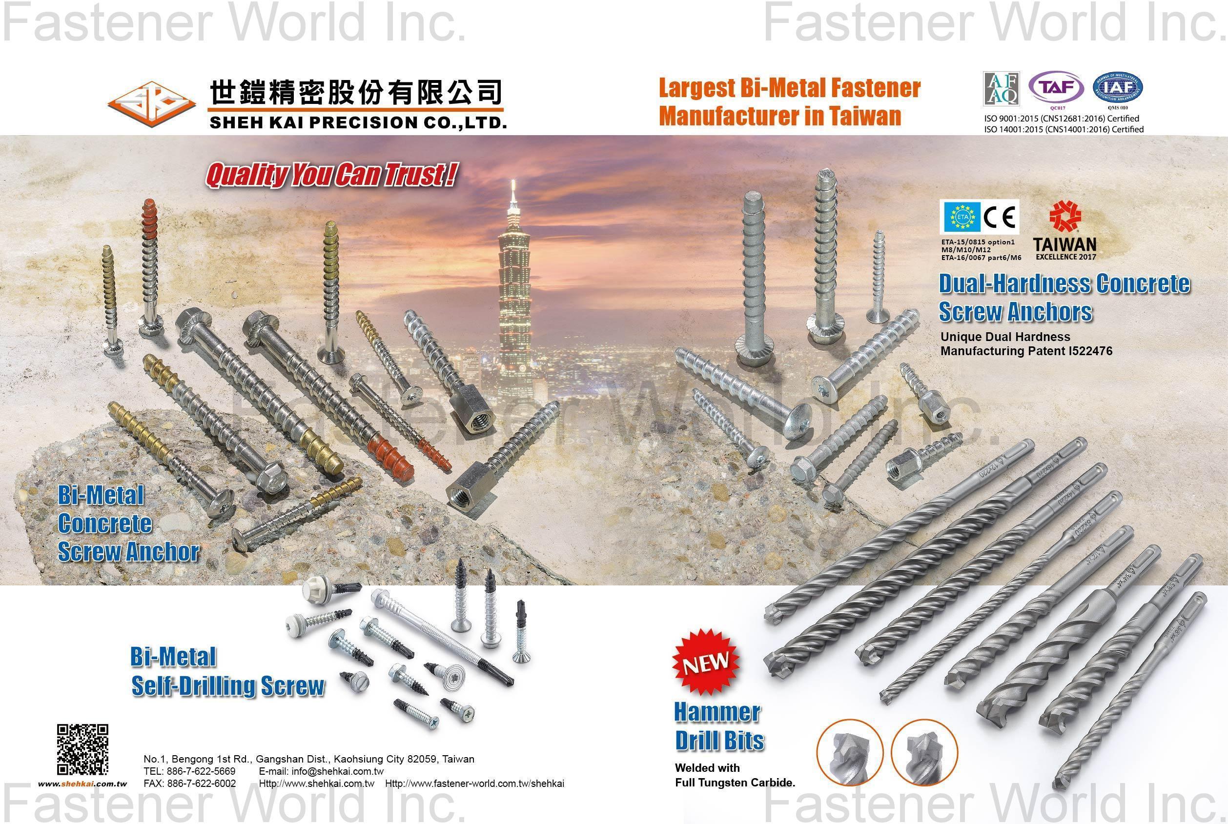 SHEH KAI PRECISION CO., LTD.  , Bi-metal Concrete Screw Anchors, Bi-Metal Self-Drilling Screw, Dual-Hardness Concrete Screw Anchors, Hammer Drill Bits , Bi-metal Concrete Screw Anchors