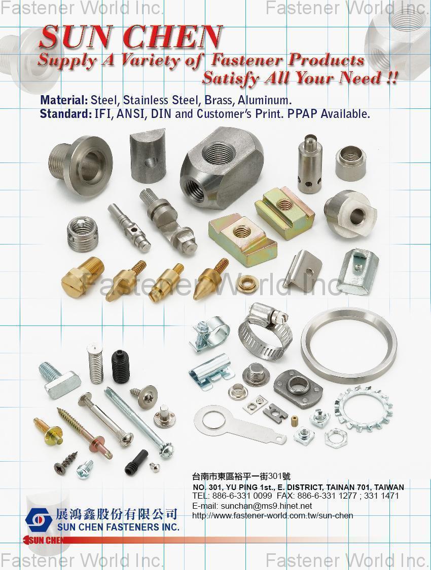 SUN CHEN FASTENERS INC., , Steel, Stainless Steel, Brass, Aluminum , Customized Special Screws / Bolts