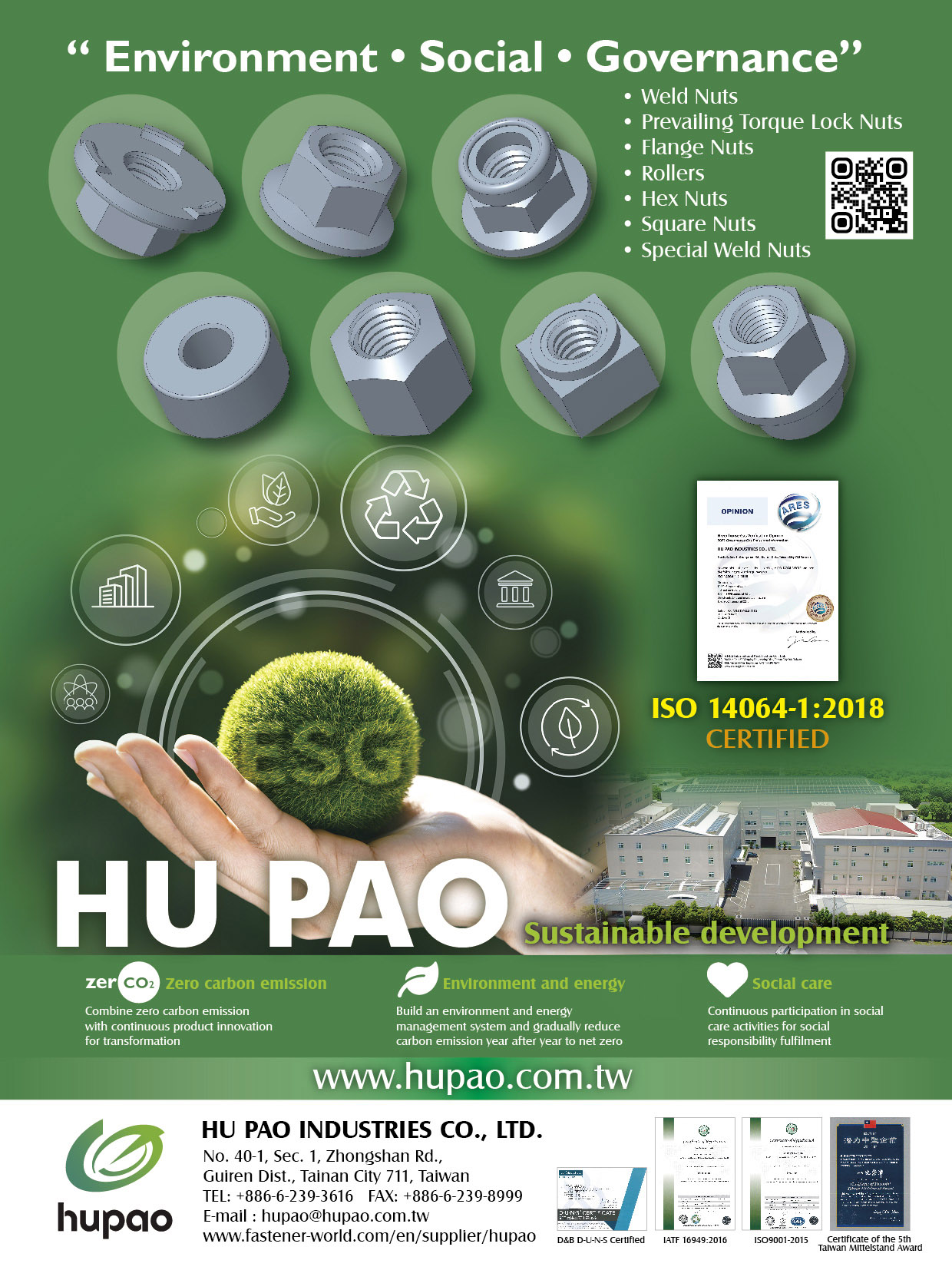 HU PAO INDUSTRIES CO., LTD.  , Weld Nuts, Prevailing Torque Lock Nuts, Flange Nuts, Rollers, Hex Nuts, Square Nuts, Special Weld Nuts