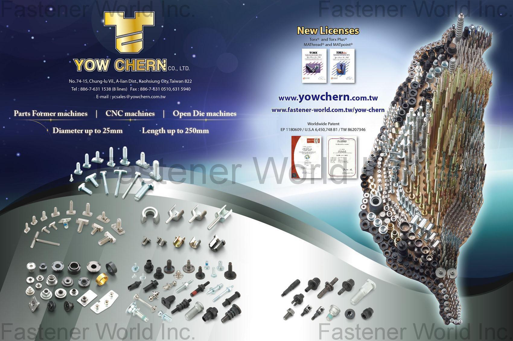 YOW CHERN CO., LTD.  , Aster Screw, Auto Parts, Concrete Screw, Furniture & Construction Screw, Pin & Rivet, Screw Anchor, Sems & Stud Bolt, Special Parts & Bolts, Stainless Steel Screw, T Bolt, Thread Forming Screw, Wedge Anchor, Welding Bolt & Nuts, Wheel Bolts & Nuts, Window Screw, Woodworking Screw , Furniture Screws