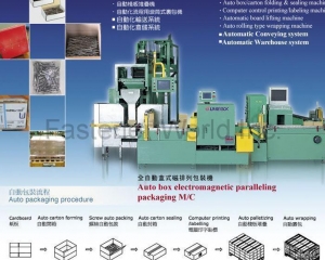 Automatic Packaging System, Auto Tipping & Filling Machine, Auto Box / Carton / Plastic Bag Fill in Type Packaging System, Auto Box / Carton Folding & Sealing Machine, Computer Control Printing / Labeling Machine, Automatic Board Lifting Machine, Auto Rolling Type Wrapping Machine, Automatic Conveying System, Automatic Warehouse System(UNIPACK EQUIPMENT CO., LTD. )