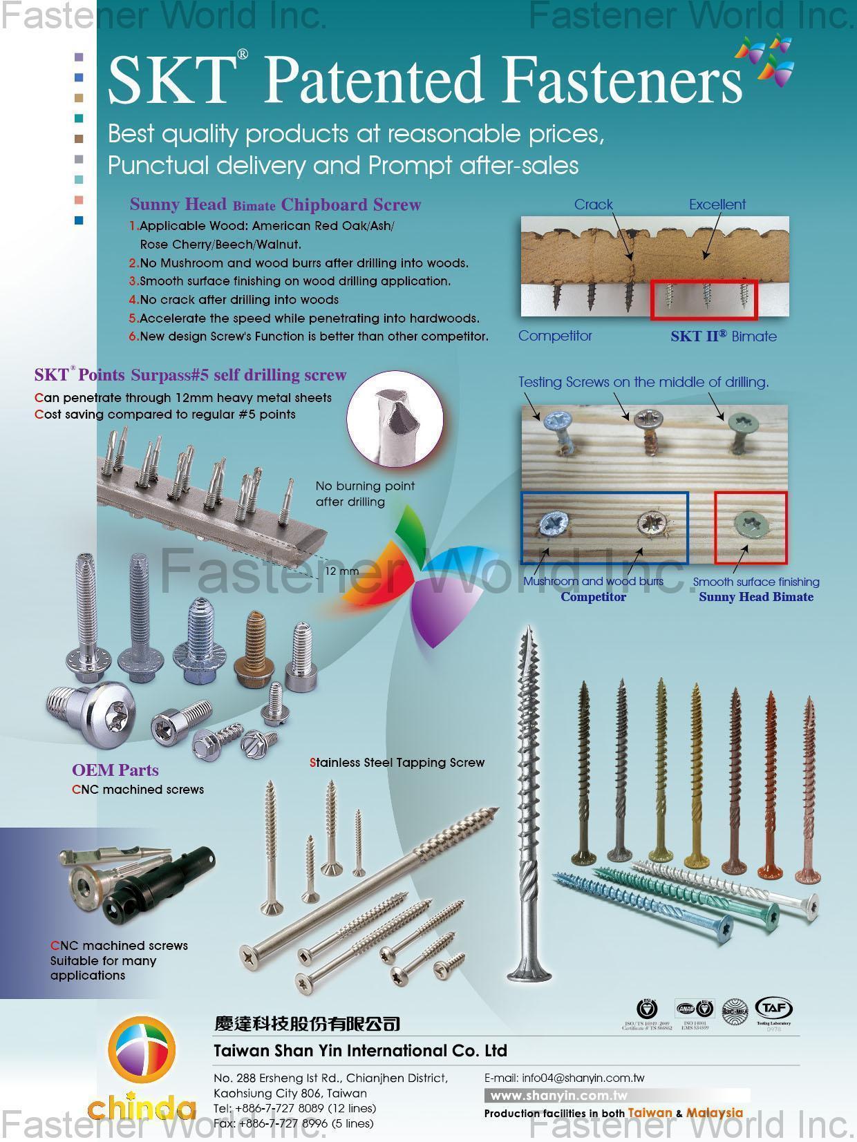 TAIWAN SHAN YIN INTERNATIONAL CO., LTD.  , Chipboard Screw / Self Drilling Screw / OEM Parts / Stainless Steel Tapping , Self-drilling Screws