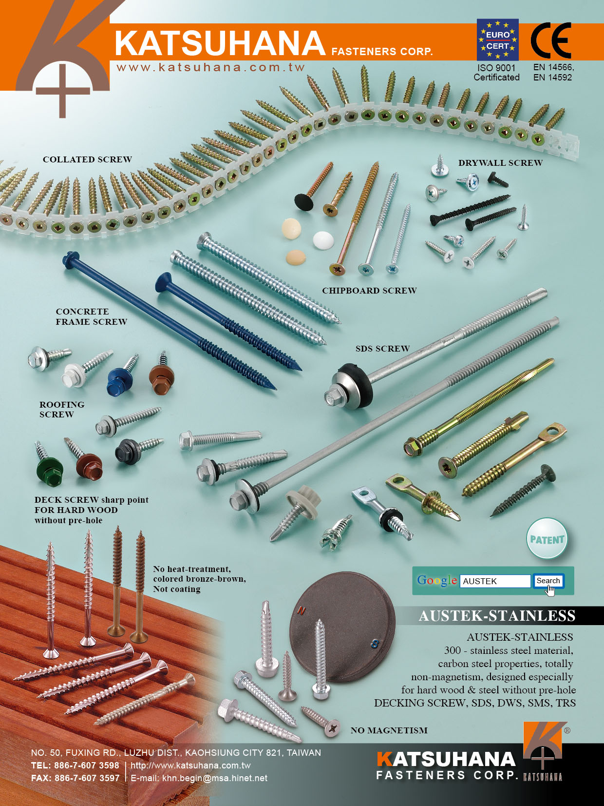 KATSUHANA FASTENERS CORP.  , COLLATED SCREW,CONCRETE SCREW,ROOFING SCREW,DECK SCREW SHARP POINT FOR HARD WOOD WITHOUT PRE-HOLE,DRYWALL SCREW,CHIPBOARD SCREW,SDS SCREW , Chipboard Screws