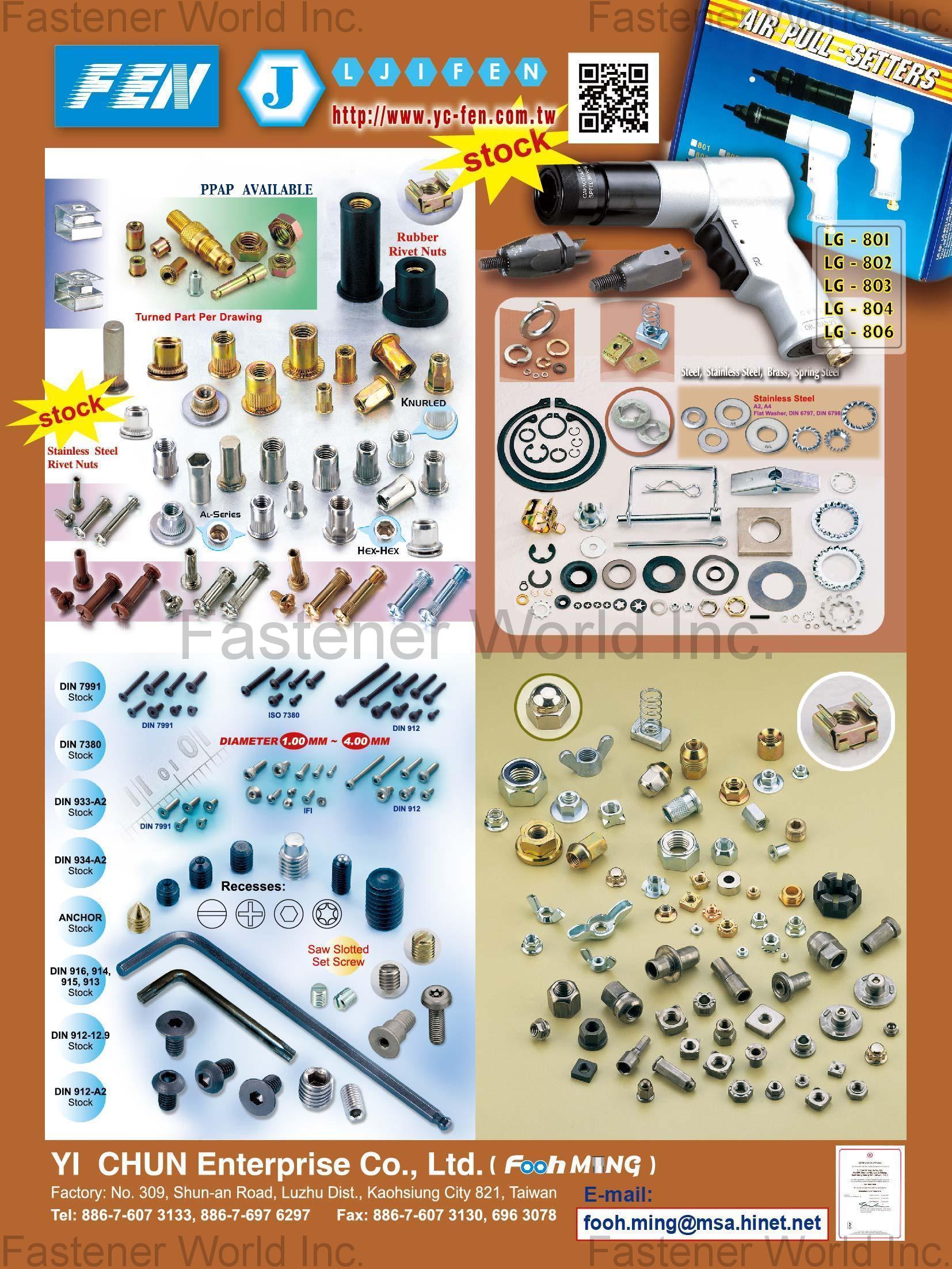 YI CHUN ENTERPRISE CO., LTD.  , Rubber Rivet Nuts, Air Pull-Setter, Flat Washer, Saw Slotted Set Screws , Slotted Set Screws