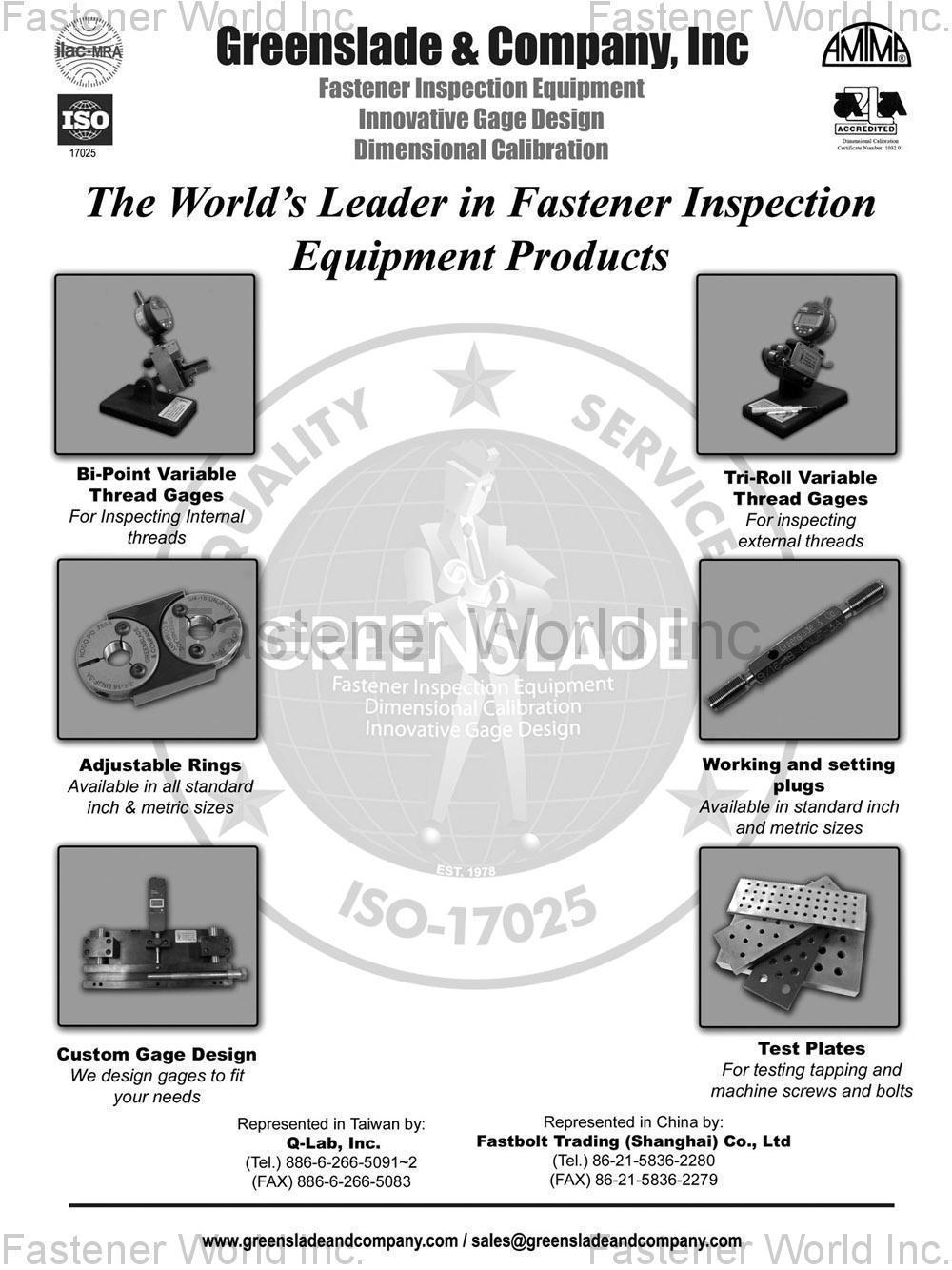 GREENSLADE & COMPANY, INC. , Fastener Inspection Equipment / Innovative Gage Design / Dimensional Calibr , Ring gage, Thread gage, Plug gage calibration