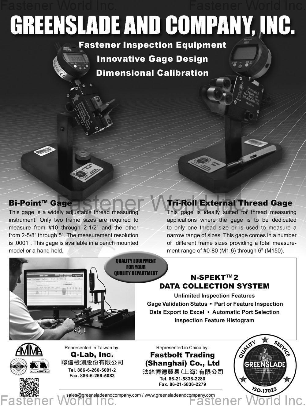 GREENSLADE & COMPANY, INC. , Fastener Inspection Equipment, Innovative Gage Design, Dimensional Calibration, Bi-Point Gage, Tri-Roll External Thread Gage , Spec Inspection