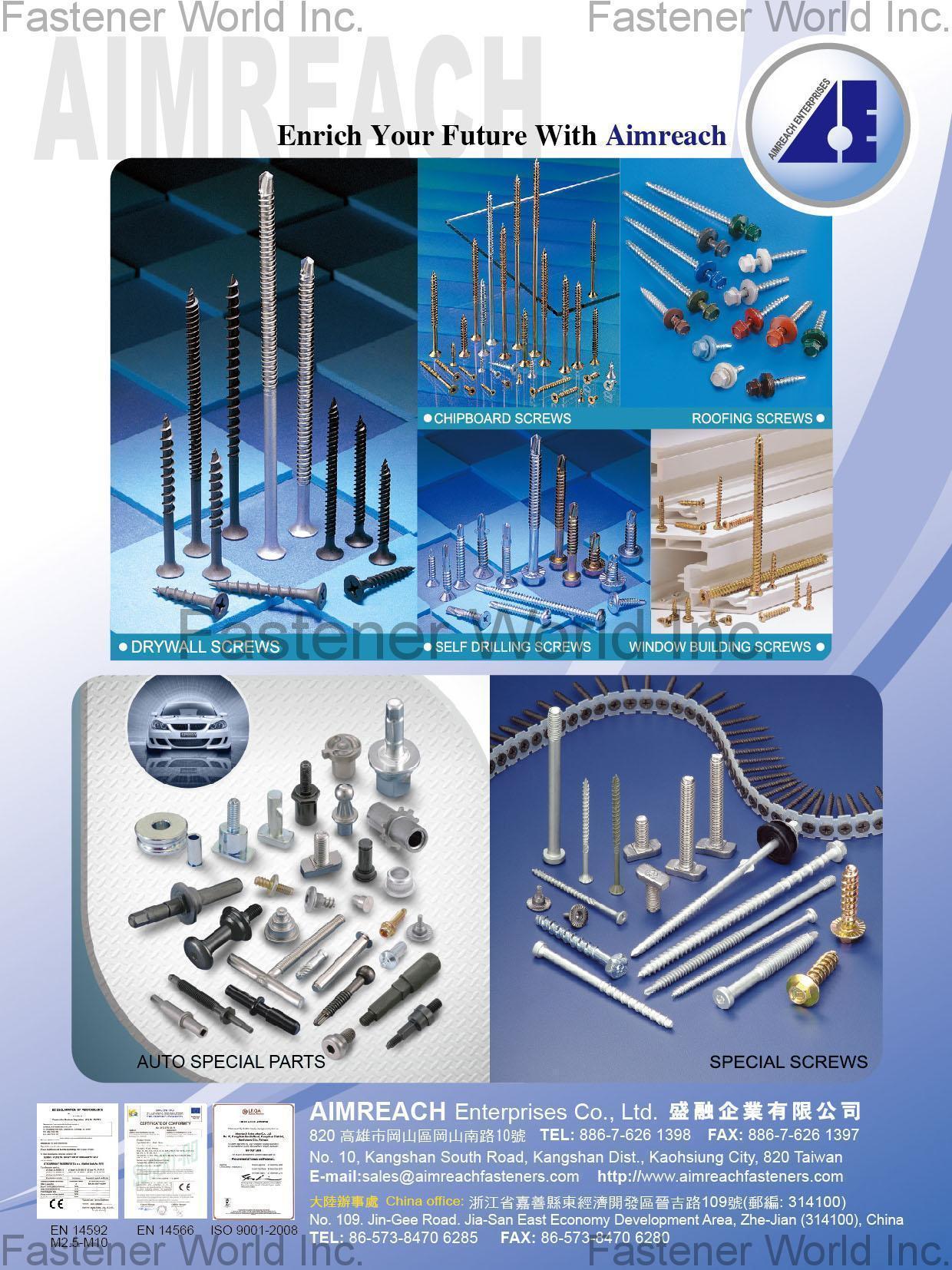 AIMREACH ENTERPRISES CO., LTD.  , Drywall Screws,Chipboard Screws,Roofing Screws,Self Drilling Screws,Window Building Screws,Auto Special Parts,Special Screws , Self-drilling Screws