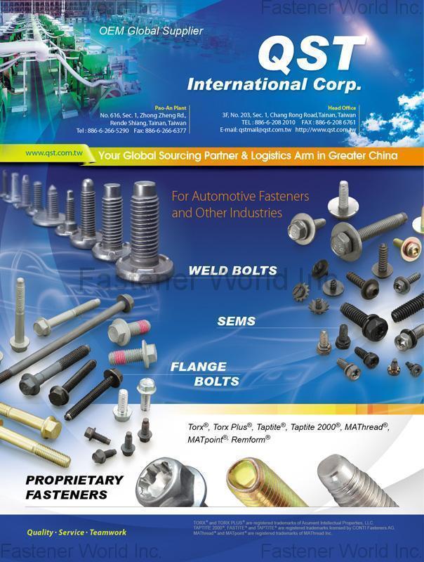 QST INTERNATIONAL CORP.  , Weld Bolts, Sems, Flange Bolts, Proprietary Fasteners, Automotive Fasteners, Torx®, Torx Plus®, Taptite®, Taptite 2000®, MAThraed®, MATpoint®, Remform® , Weld Bolts (studs)