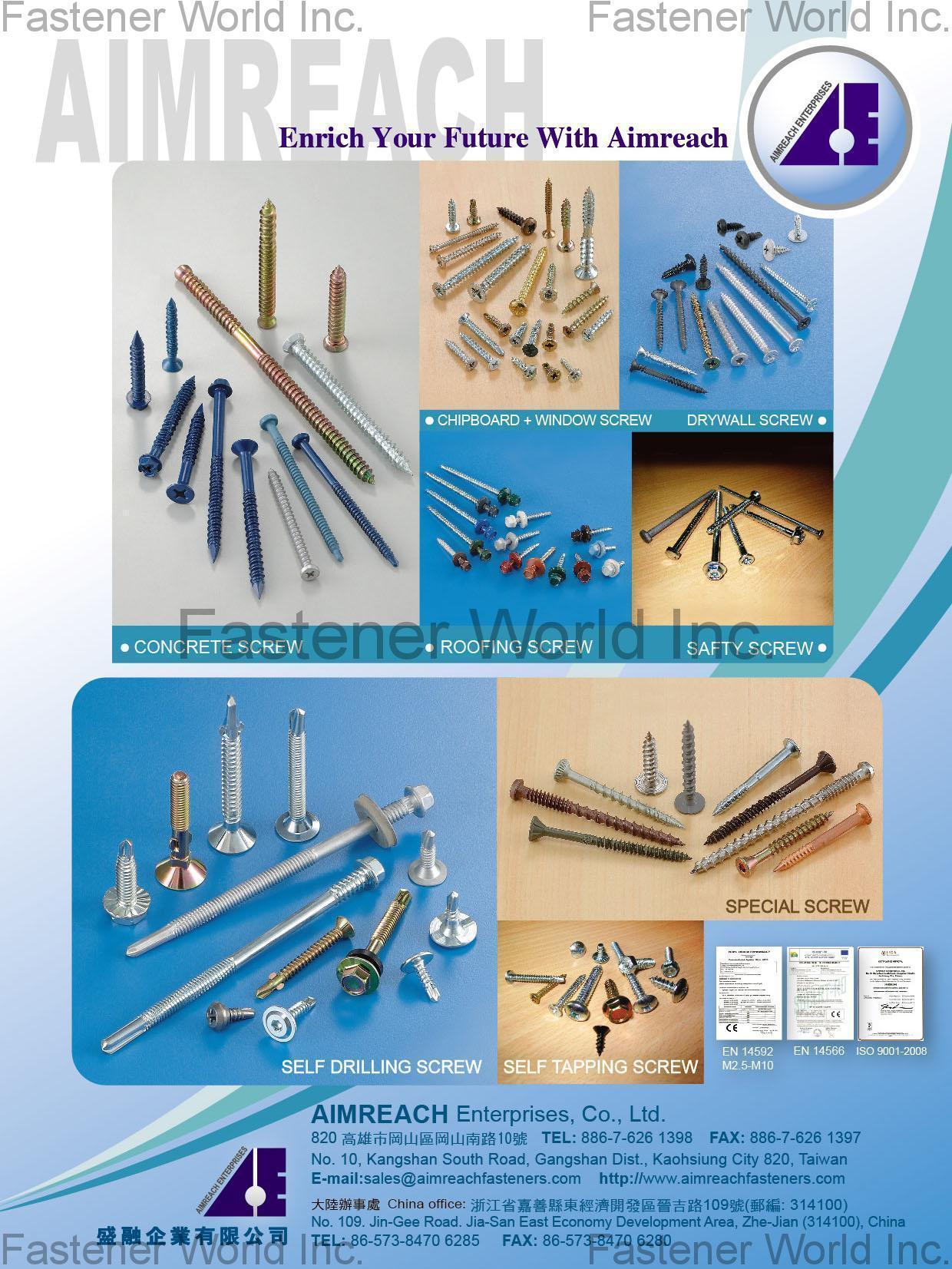 AIMREACH ENTERPRISES CO., LTD.  , Concrete Screw,Chipboard/Window Screw,Drywall Screw,Roofing Screw,Safty Screw,Self Drilling Screw,Special Screw,Self Tapping Screw , All Kinds of Screws