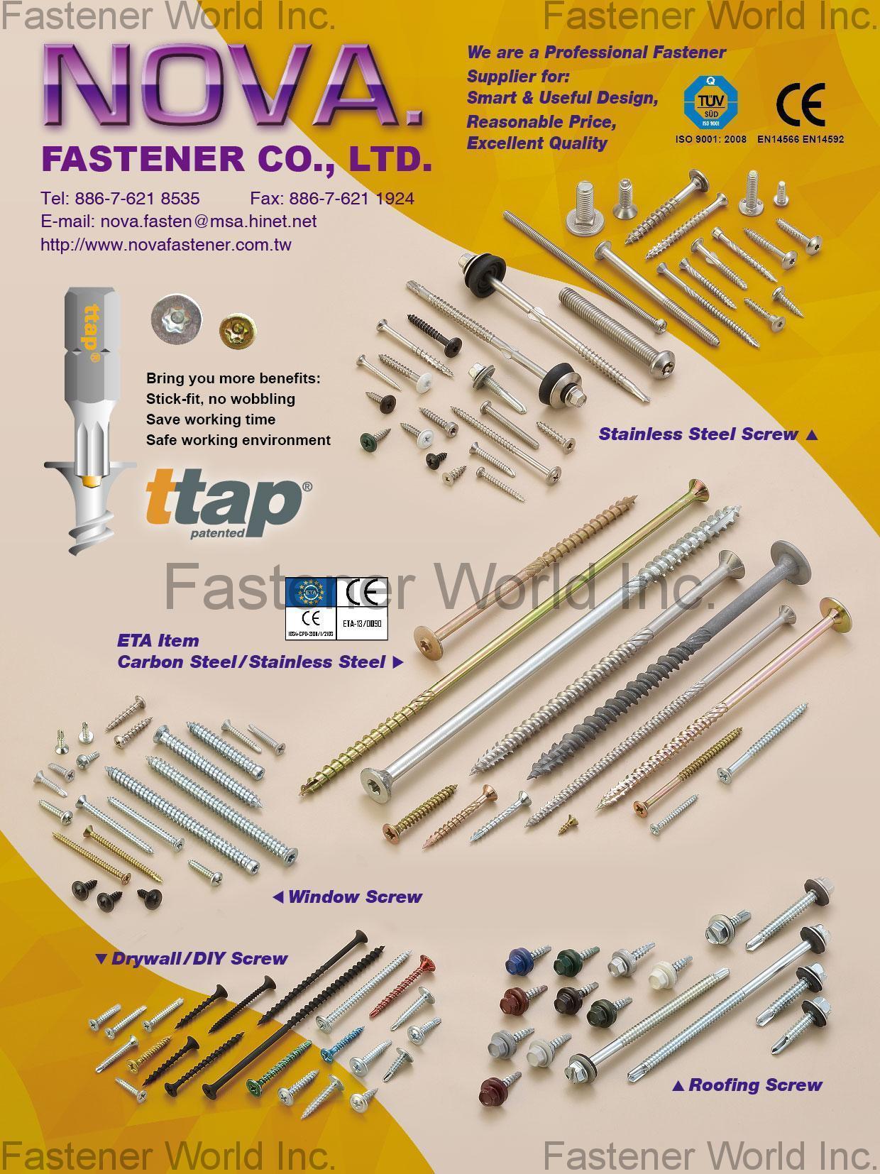 NOVA. FASTENER CO., LTD.  , ttap panted, Composite Screw, Long Size Screw, Stainless Steel Screw , Stainless Steel Screws