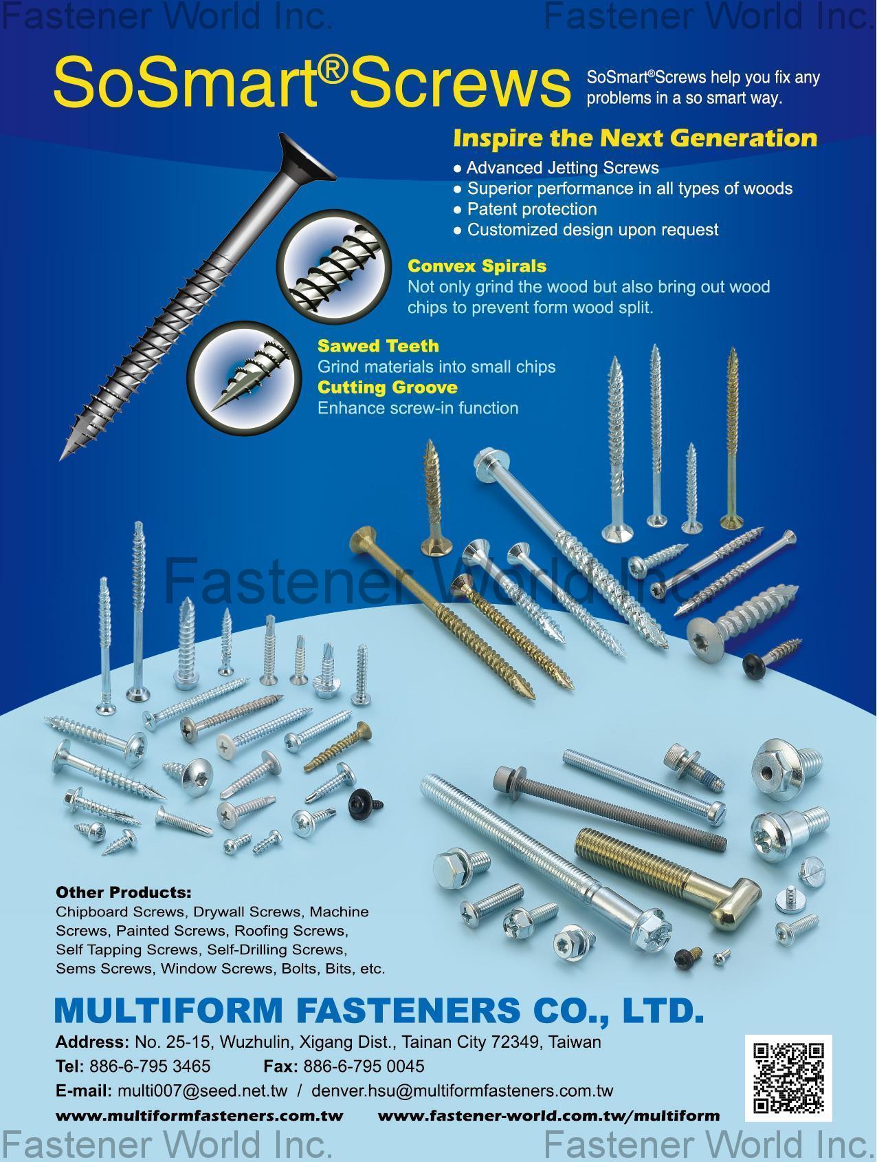 MULTIFORM FASTENERS CO., LTD. , Chipboard Screws, Drywall Screws, Machine Screws, Painted Screws, Roofing Screws, Self Tapping Screws, Self-Drilling Screws, Sems Screws, Windows Screws, Bolts, Bits , All Kinds of Screws