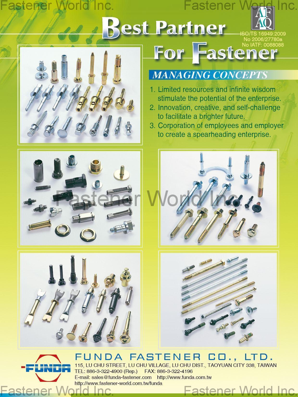 FUNDA FASTENER CO., LTD. , Valve Adjusting Screw, Brake caliper guide pins, Recliner Adjustment Pin, Eye End, Pivot Pin, Wheel Bolt Stud, Terminal Stud, Double End Shouder Rivet , Multi-die Forming Fasteners