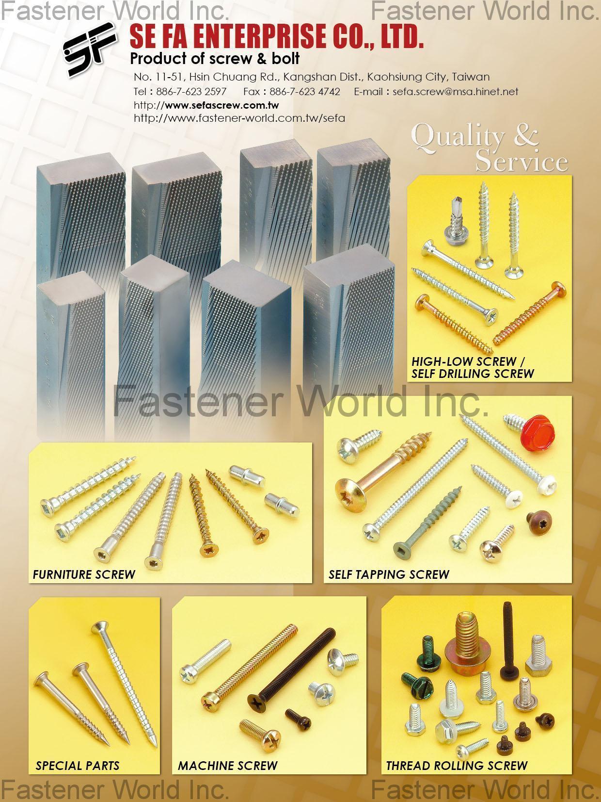 SE FA ENTERPRISE CO., LTD. , Drywall & Wood Screw / Self Drilling Screw / Nail Fixing&Anchor / Sems Screw / Special Parts / Tapping Screw / Customized Packing / Machine Screw & Bolt , All Kinds of Screws