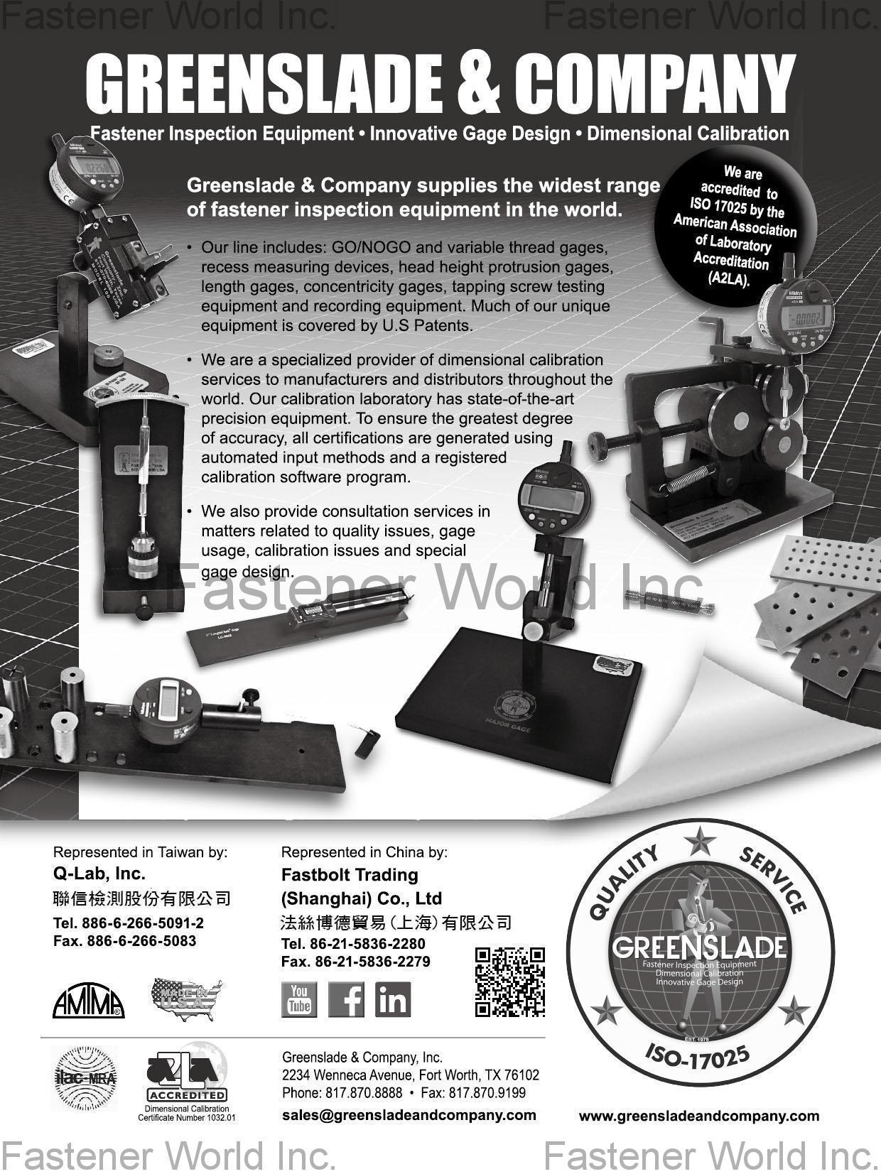 GREENSLADE & COMPANY, INC. , Fastener Inspection Equipment, Innovative Gage Design, Dimensional Calibration , Spec Inspection