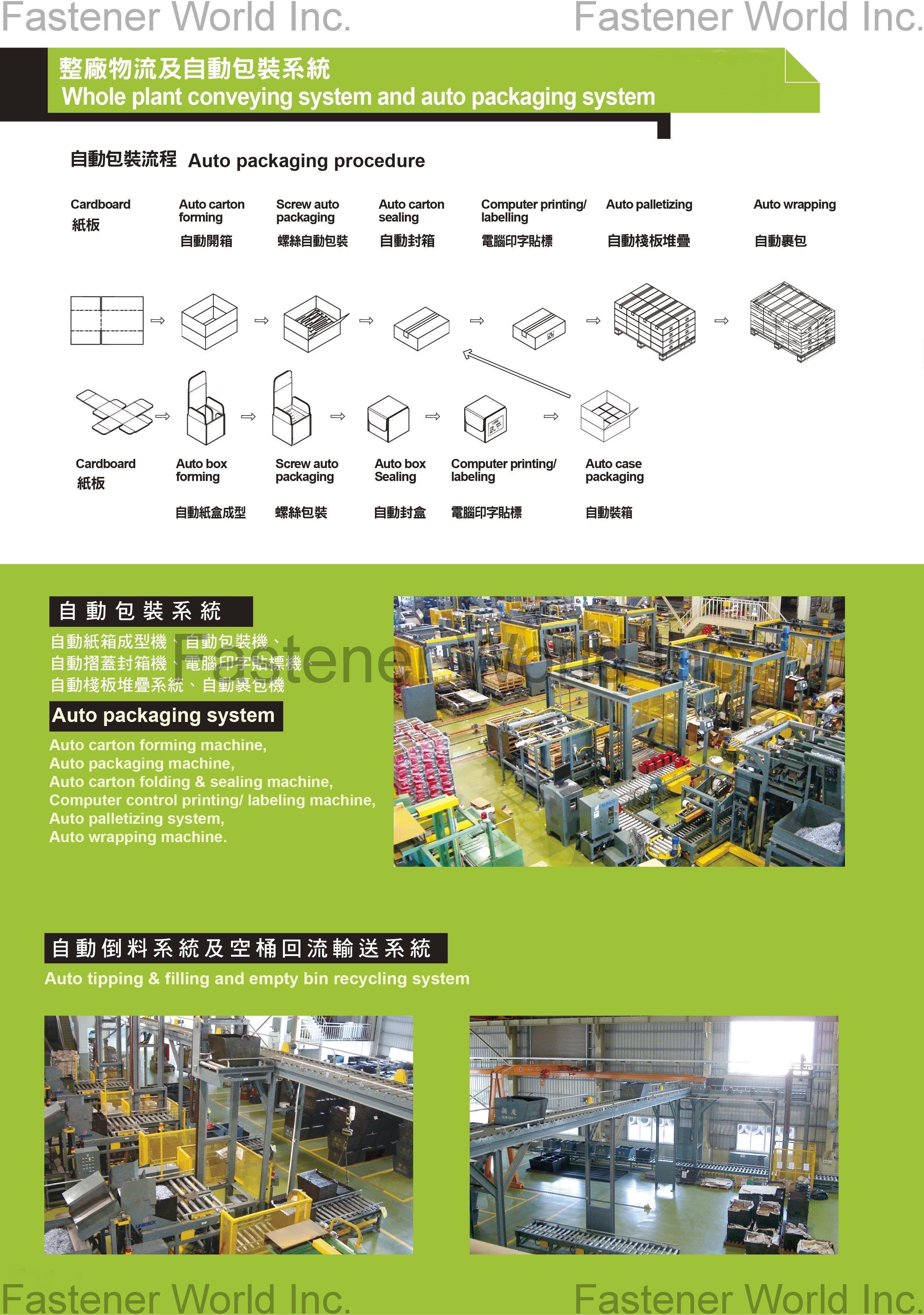 Automatic Conveying System Auto Carton Forming Machine, Auto Packaging Machine, Auto Carton Folding & Sealing Machine, Computer Control Printing / Labeling Machine, Auto Palletizing System, Auto Wrapping Machine, Auto Tipping & Filling and Empty Bin Recycling System
