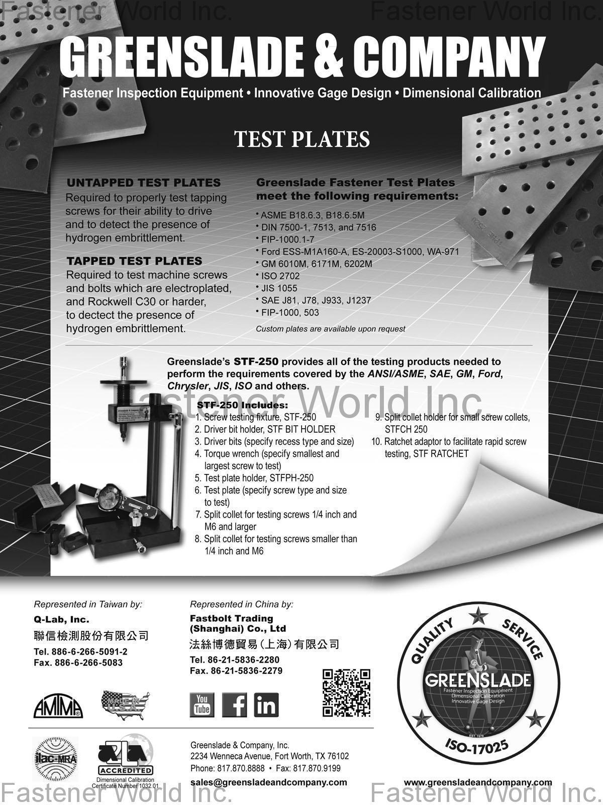 GREENSLADE & COMPANY, INC. , Fastener Inspection Equipment, Innovative Gage Design, Dimensional Calibration , Spec Inspection