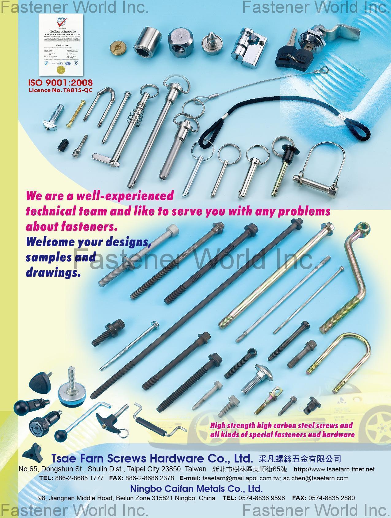 TSAE FARN SCREWS HARDWARE CO., LTD. , Clevis Pin, Screws, Special Screws, General Hardware, Screwdrivers, Toilet Plungers, Ball Plunger, Door & Window Latches, Spring Pin, Press Processing Products, Furniture Bolts, Special Nuts, Lanyards, Nuts, Bolts , Carbon Steel Screws