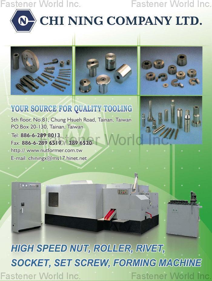 CHI NING COMPANY LTD.  , HIGH SPEED NUT, ROLLER, RIVET, SOCKET, SET SCREW, FORMING MACHINE , Speed Nuts