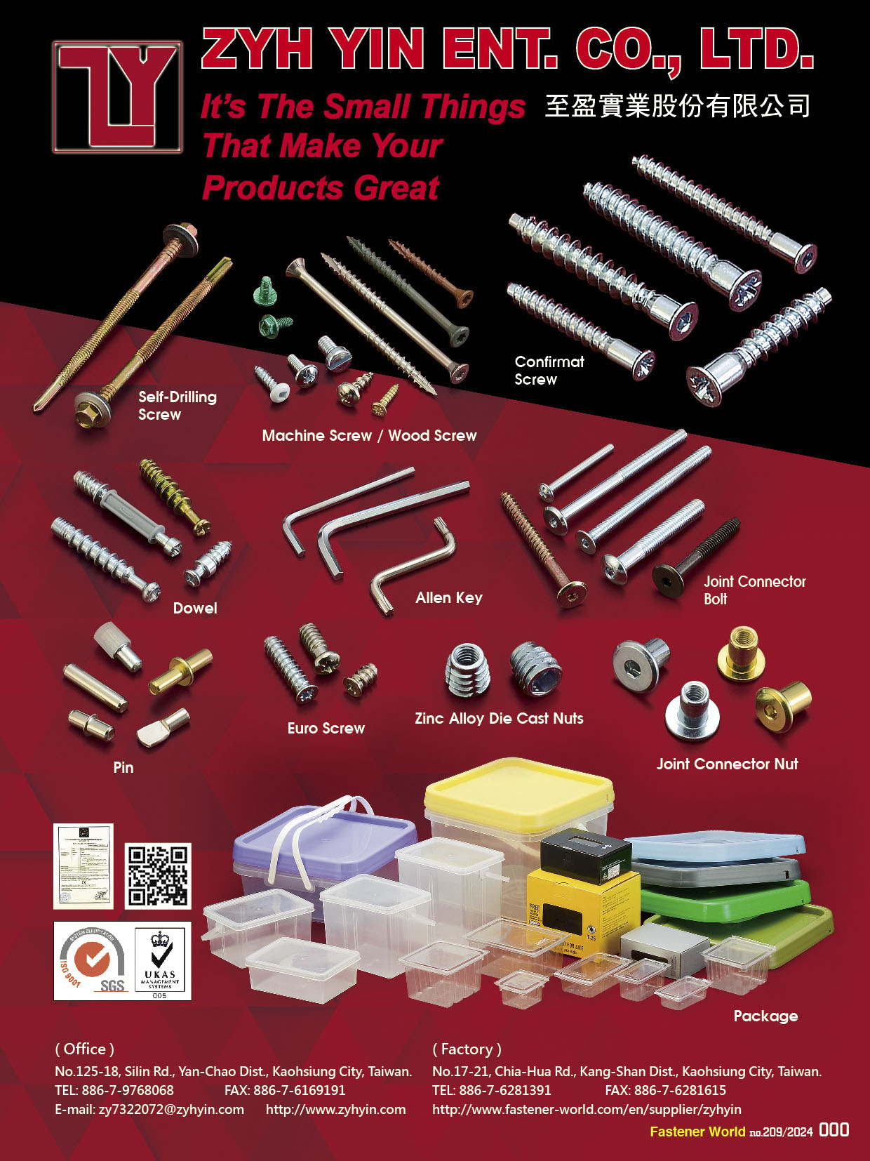 ZYH YIN ENT. CO., LTD.  , Self-drilling Screws, Machine Screw, Wood Screw, Confirmat Screw, Dowel, Allen Key, Joint Connector Bolt, Pin, Euro Screw, Zinc Alloy Cast Nuts, Joint Connector Nut, Package , Self-drilling Screws