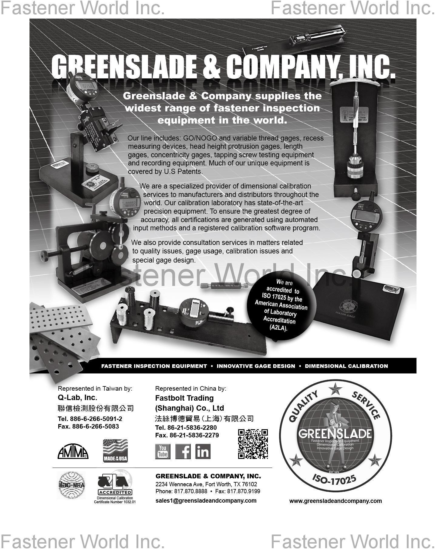 GREENSLADE & COMPANY, INC. , Fastener Inspection Equipment, Innovative Gage Design, Dimensional Calibration , Spec Inspection