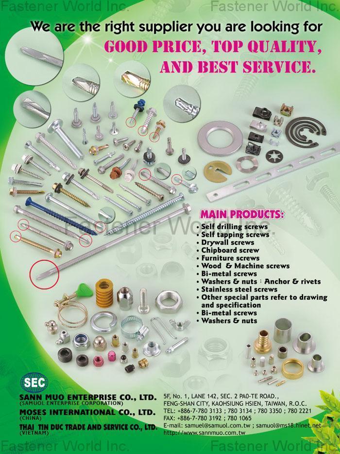 SANN MUO ENTERPRISE CO., LTD. , Self Drilling Screws, Self Tapping Screws, Drywall Screws, Chipboard Screw, Furniture Screws Wood & Machine Screw, Bi-metal Screws, Washers & Nuts, Anchors & Rivets, Stainless Steel Screw, Other Special Parts Refer to drawing and specification , Self-drilling Screws