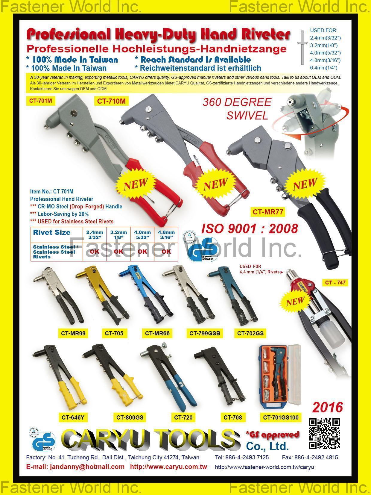 CARYU TOOLS CO., LTD. , Heavy Duty Hand Riveter,Medium Duty Hand Riveter,Professional Hand Riveter,Nut Gun,Long Arm Hand Riveter,360 Degree Hand Riveter,Double Position Hand Riveter,Anchor Gun , Hand Tools In General