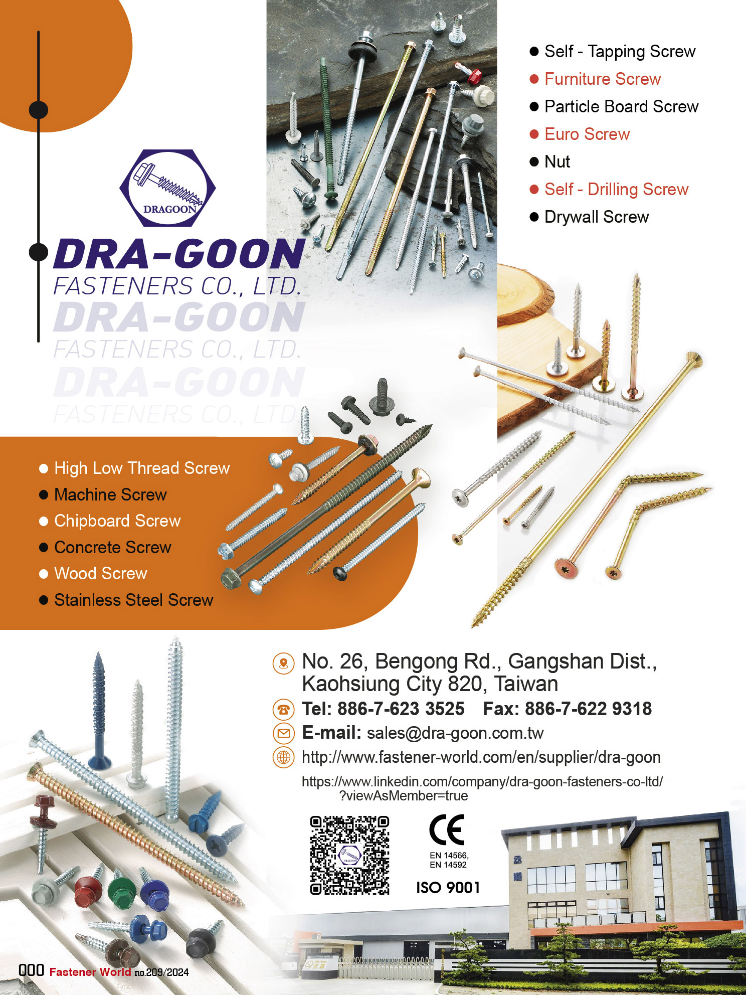 DRA-GOON FASTENERS CO., LTD. , Self-Drilling Screw, Drywall Screw, High Low Thread Screw, Machine Screw, Chipboard Screw, Concrete Screw, Wood Screw, Stainless Steel Screw, Self-Tapping Screw, Furniture Screw, Particle Board Screw, Euro Screw, Nut , Furniture Screws