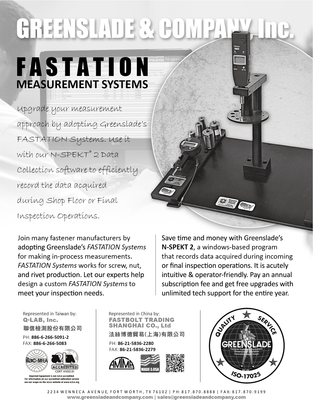 GREENSLADE & COMPANY, INC. , Fastation Measurement Systems for making in-process measurements , Ring gage, Thread gage, Plug gage calibration