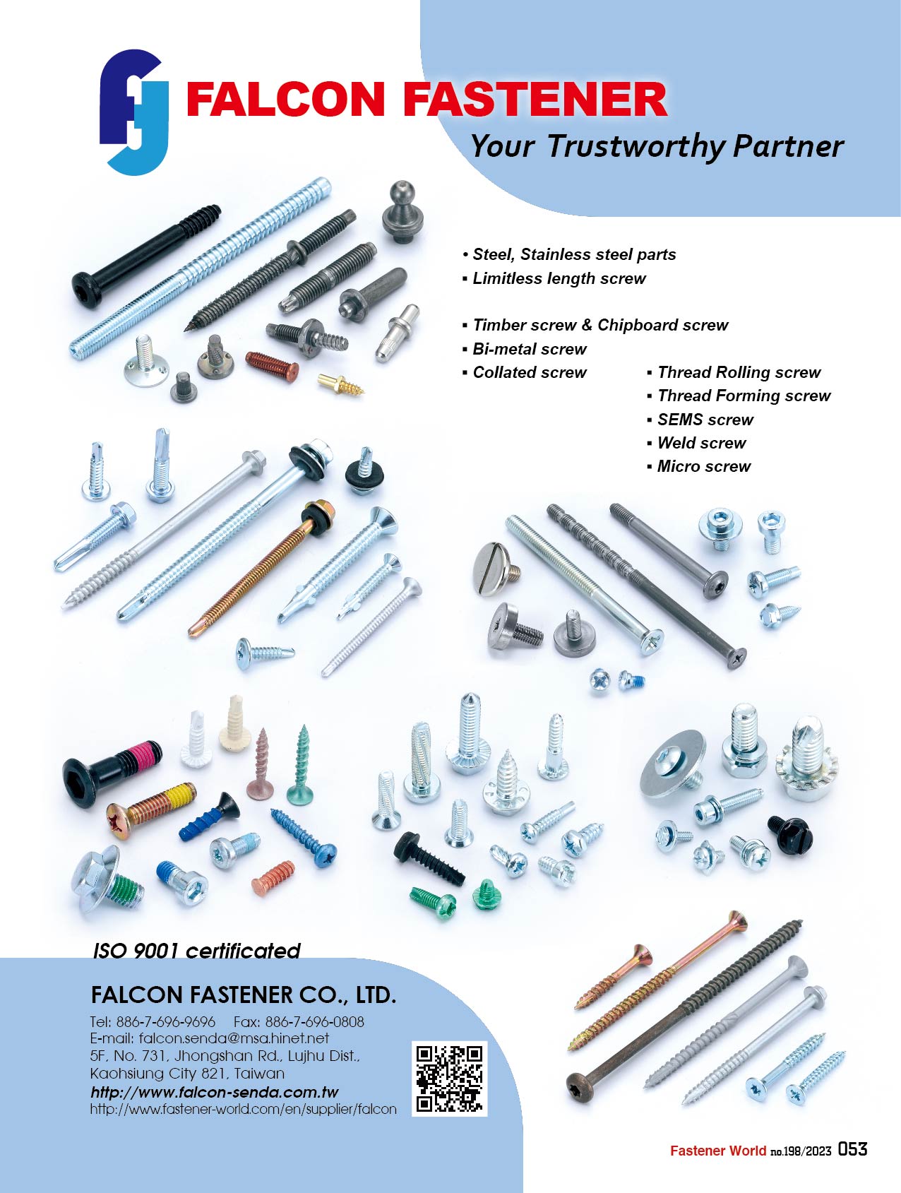 FALCON FASTENER CO., LTD.  , Self-Tapping Screws, Self-Drilling Screws, Thread Rolling Screws, Special Screws, Machine Screws, Thread Rolling Screws, Drywall Screws, Chipboard Screws, Sems Screws, Roofing Screws, Concrete Screws, Collated Screws, Micro Screws, Security Screws, Bi-Metal Screws , Carbon Steel