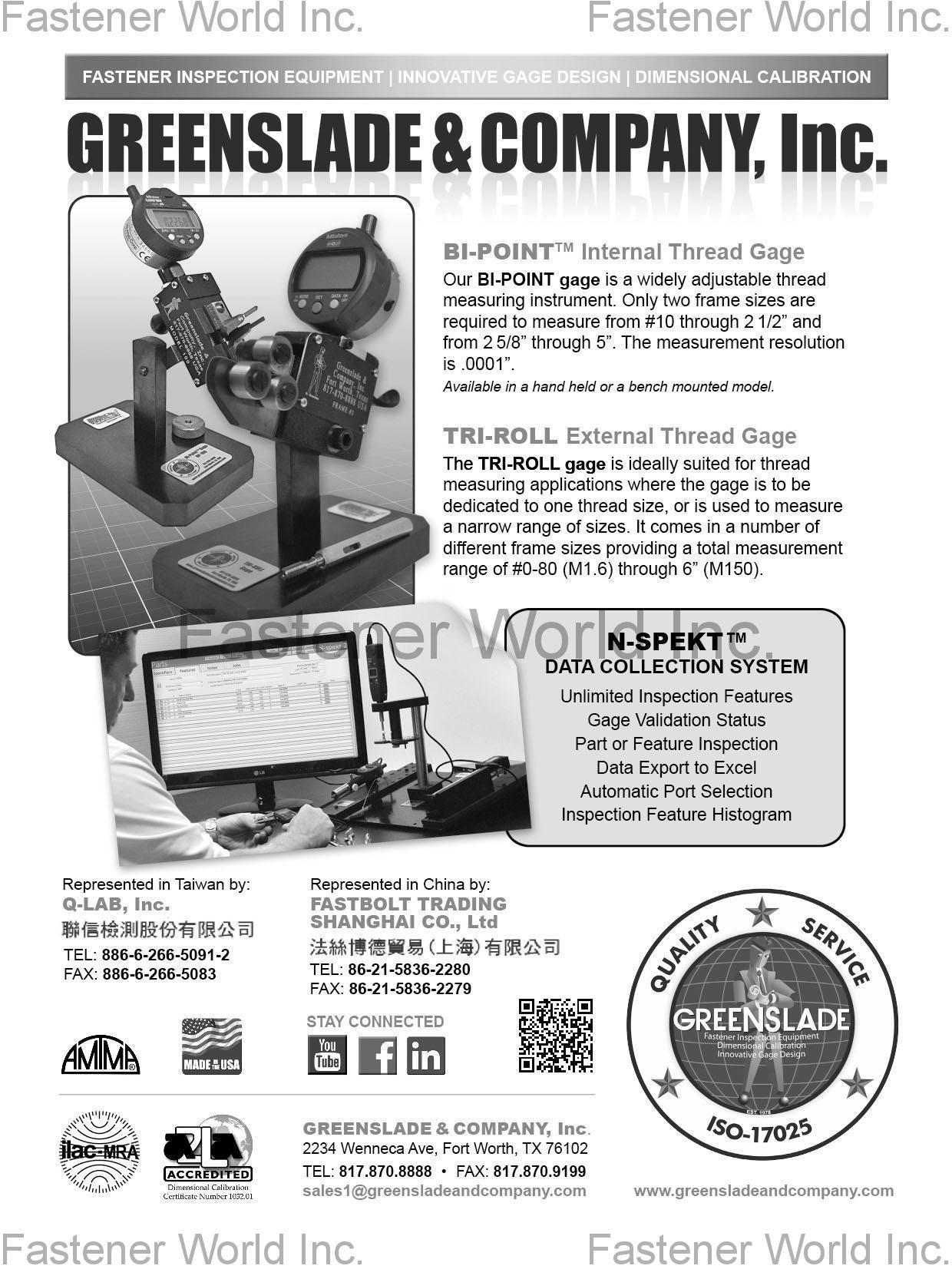 GREENSLADE & COMPANY, INC. , Fastener Inspection Equipment, Innovative Gage Design, Dimensional Calibration , Spec Inspection