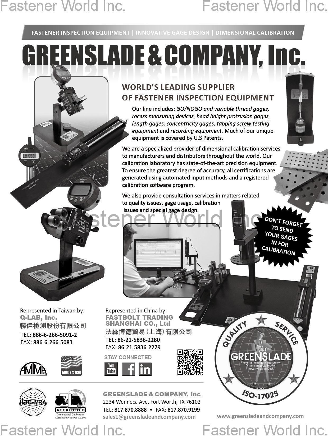 GREENSLADE & COMPANY, INC. , Fastener Inspection Equipment, Innovative Gage Design, Dimensional Calibration , Spec Inspection