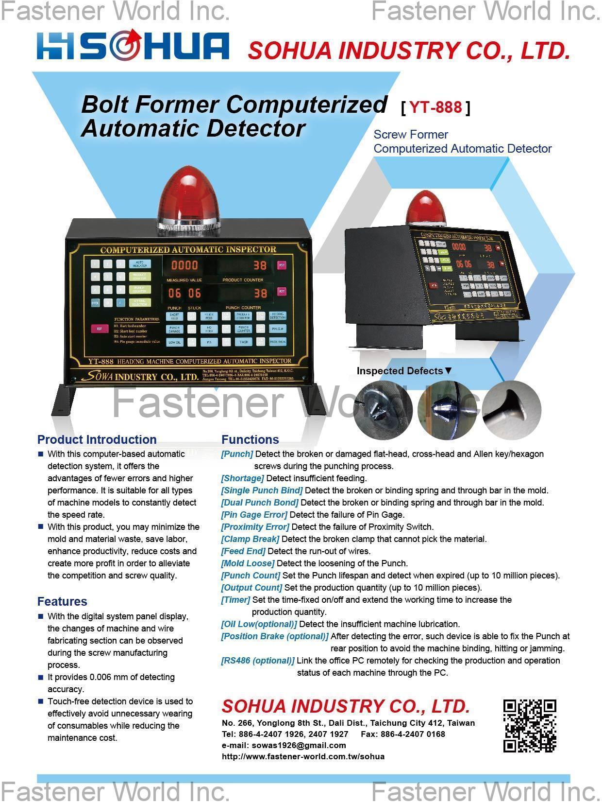 SOHUA INDUSTRY CO., LTD. , Bolt Former Computerized Automatic Detector, Screw Former Computerized Automatic Detector , Computer Aided Design & Manufacturing (cad/cam)