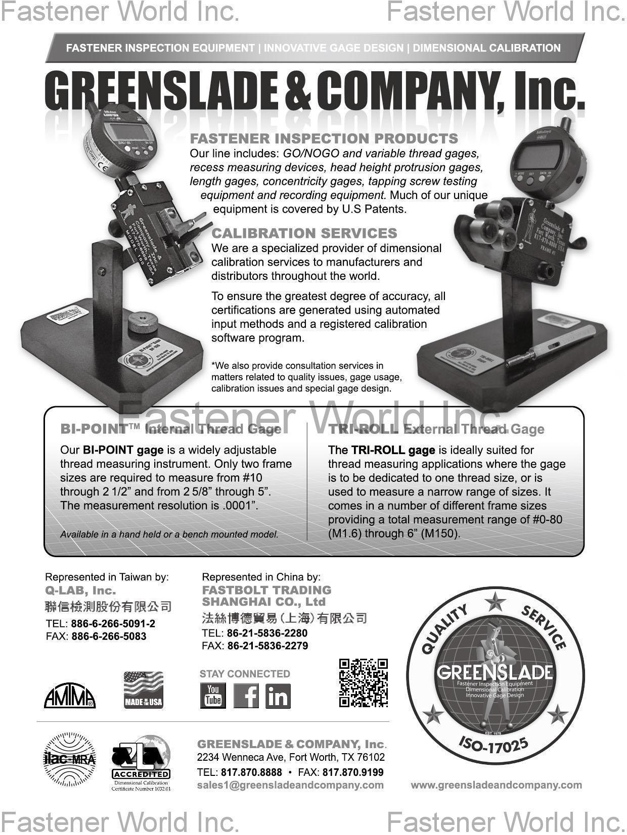 GREENSLADE & COMPANY, INC. , Fastener Inspection Equipment, Innovative Gage Design, Dimensional Calibration , Spec Inspection