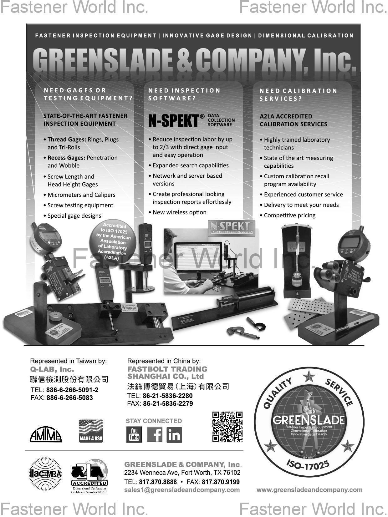 GREENSLADE & COMPANY, INC. , Fastener Inspection Equipment, Innovative Gage Design, Dimensional Calibration, Bi-Point Gage, Tri-Roll External Thread Gage, N-SPEKT Data Collection Software , Surveying Instruments