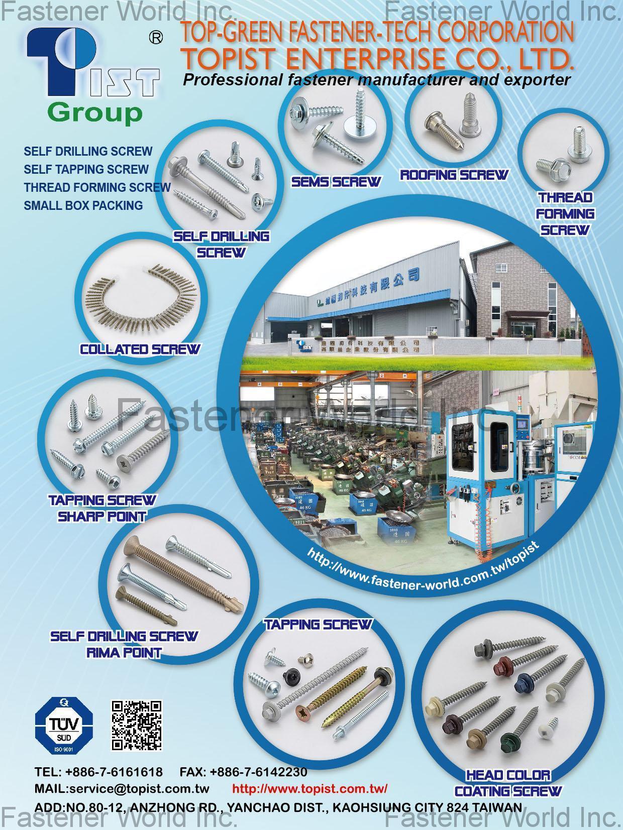 TOP-GREEN FASTENER-TECH CORPORATION , Self-Drilling Screws, Self Tapping Screws, Thread Forming Screws, Small Box Packing, Thread Forming Screws, Roofing Screws, Sems Screws, Collated Screws, Head Color Coating Screws , Self-drilling Screws