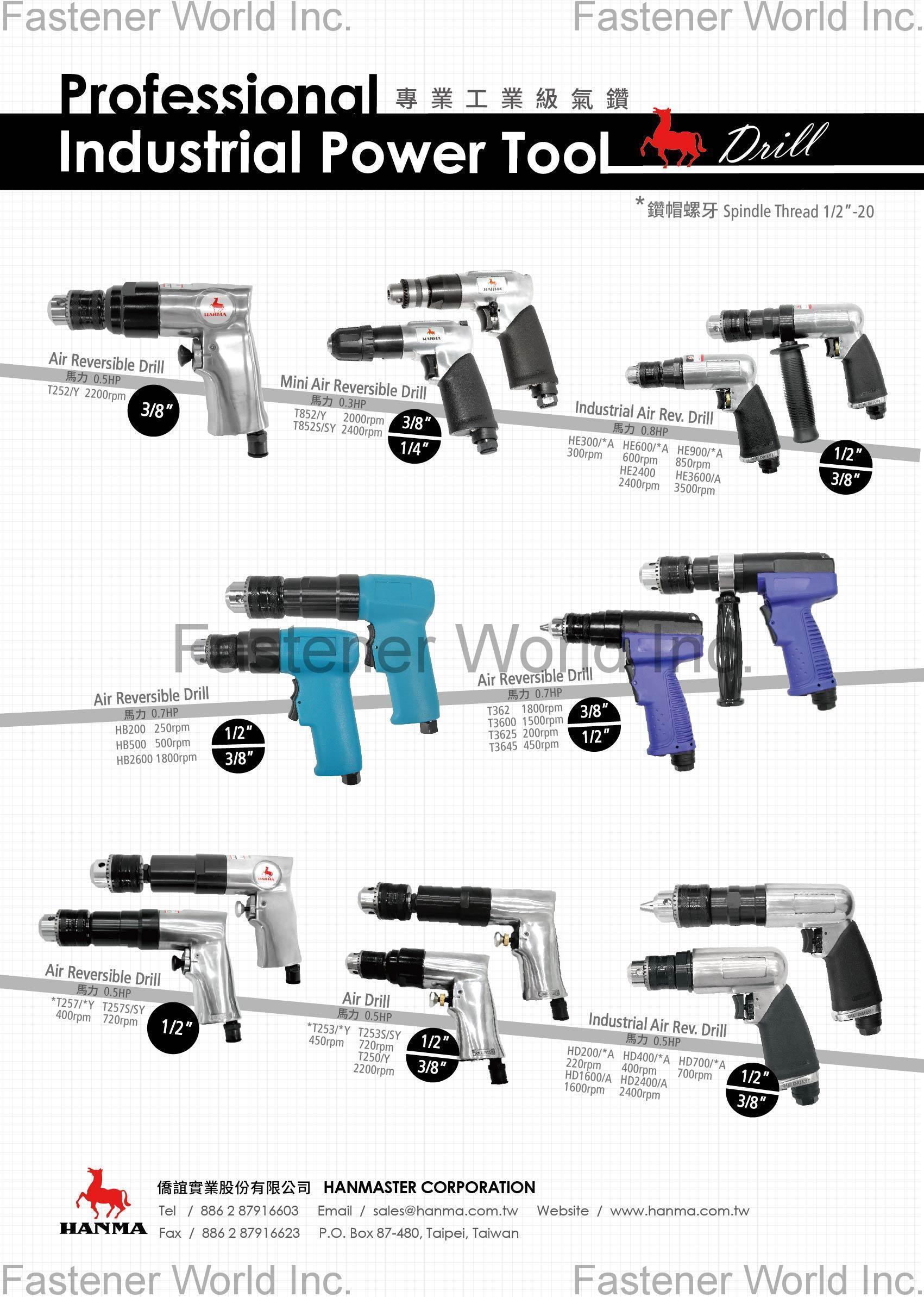 HANMASTER CORPORATION , Air Reversible Drills,Electric Sander, Air Sander, Air Hydraulic Riveters, Rivet Nut Tools, Lockbolt Tool, Riveter, TAIWAN, TAIWAN , Air Drills