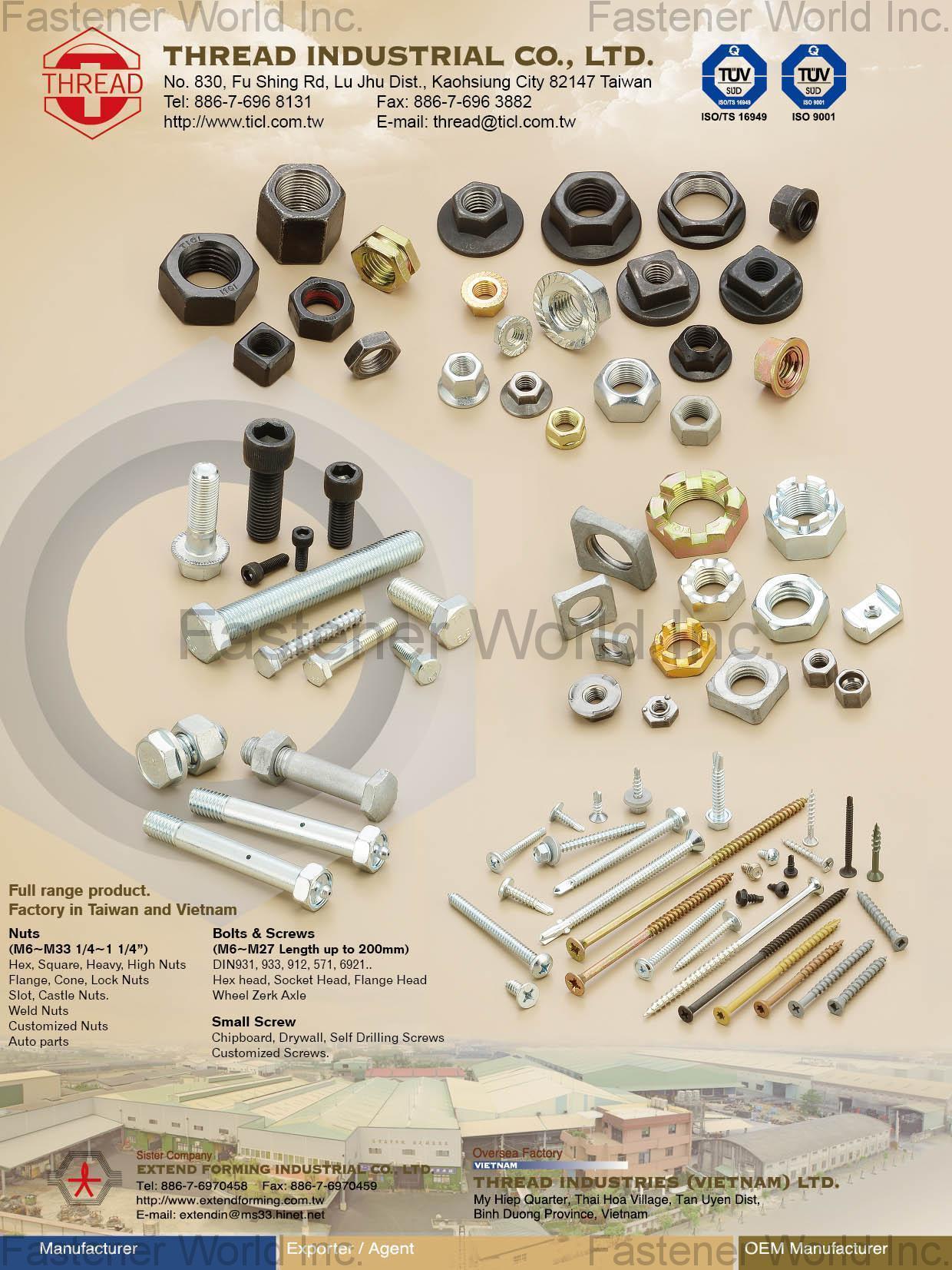 THREAD INDUSTRIAL CO., LTD.  , Nuts, Bolts & Screws, Small Screws (Hex, Square, Heavy, High Nuts Flange, Cone, Lock Nuts, Slot, Castle Nuts, Weld Nuts, Customized Nuts, Auto parts, Hex head, Socket Head, Flange Head, Wheel Zerk Axle, Chipboard, Drywall, Self Drilling Screws, Customized Screws) , Drywall Screws