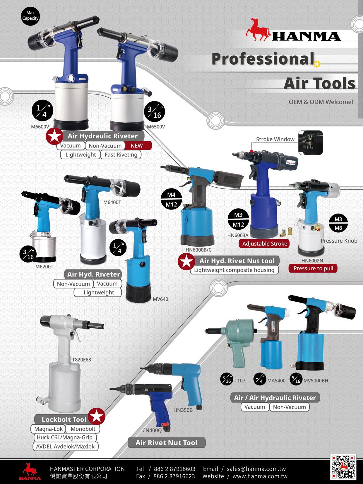 HANMASTER CORPORATION , Electric Sander, Air Sander, Air Hydraulic Riveters, Rivet Nut Tools, Lockbolt Tool, Riveter, TAIWAN , Air Tools General