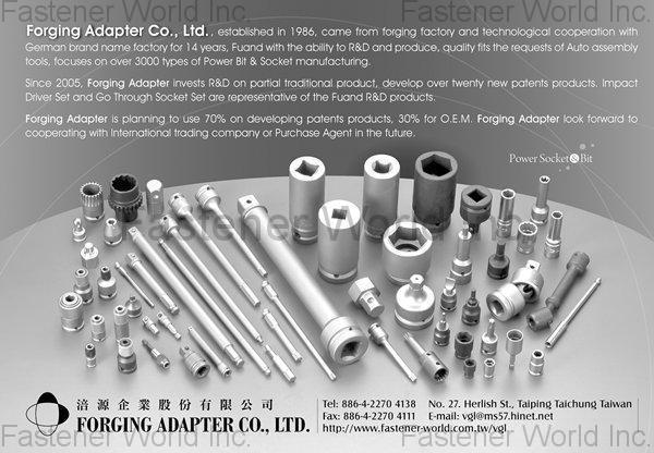 FORGING ADAPTER CO., LTD , Impact Driver Set, Go Thru Socket Set, Bicycle Tools, Adapter, Bit Holder Socket, Quick Release Chuck, Universal Socket (Swivel), Socket Bit, Hex Bit Socket (Nut Setter), Socket -GTX(E-type), Socket- 6-Point(SKT), Socket -SSD(Surface Drive Sockets), Socket -12-Point(DSKT), Socket -Special, Double Bits, Phillips Bits, Slotted Bits, Pozidriv, Hexagon Bits, GTX/T, Threaded Bits, Stud Remover Set(stud extractor), Deep Sockets, Screwdriver, T-WRENCH SET , Sockets FORGING ADAPTER CO., LTD , Impact Driver Set, Go Thru Socket Set, Bicycle Tools, Adapter, Bit Holder Socket, Quick Release Chuck, Universal Socket (Swivel), Socket Bit, Hex Bit Socket (Nut Setter), Socket -GTX(E-type), Socket- 6-Point(SKT), Socket -SSD(Surface Drive Sockets), Socket -12-Point(DSKT), Socket -Special, Double Bits, Phillips Bits, Slotted Bits, Pozidriv, Hexagon Bits, GTX/T, Threaded Bits, Stud Remover Set(stud extractor), Deep Sockets, Screwdriver, T-WRENCH SET , Sockets