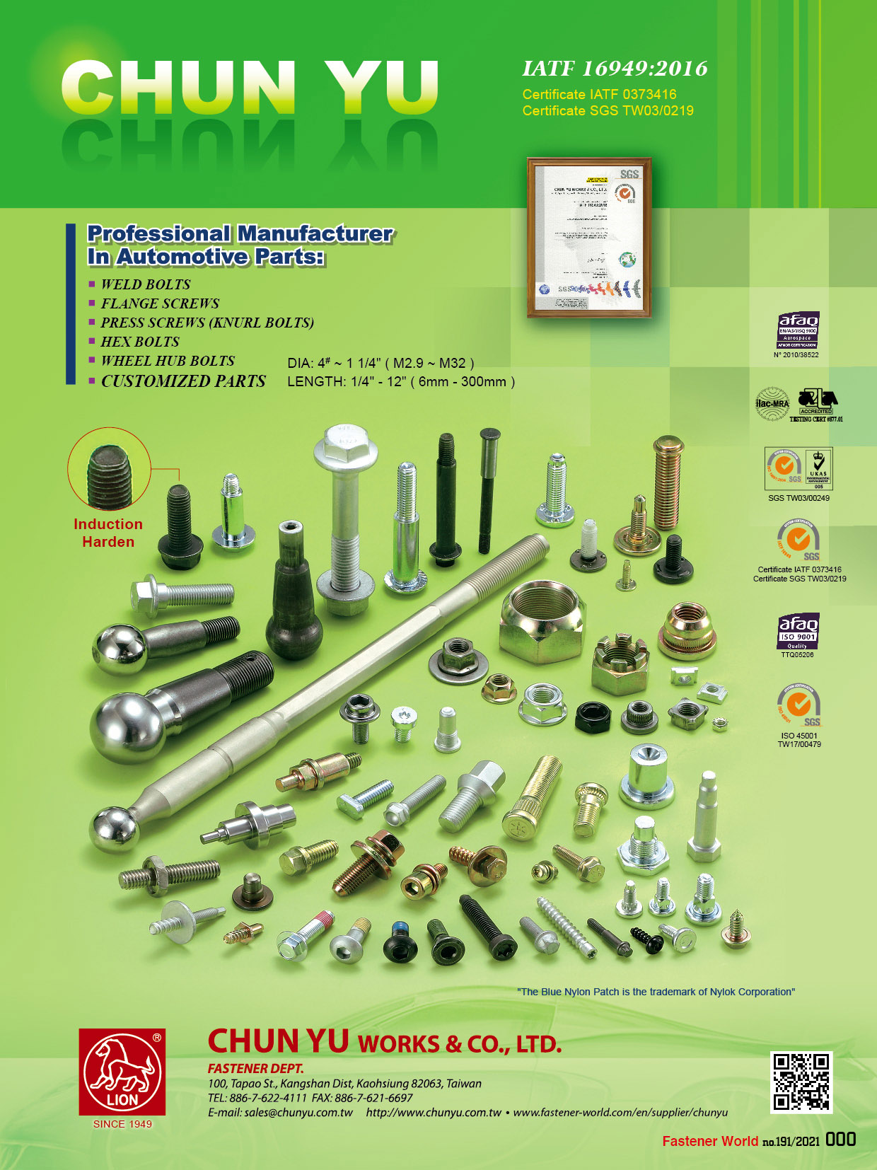 CHUN YU WORKS ＆ CO., LTD.  , Automotive Parts / Weld Bolts / Flange Screws / Press Screws / Hex Bolts , Automotive Parts