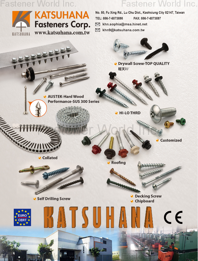 KATSUHANA FASTENERS CORP.  , AUSTEK-Hard Wood Performance-SUS 300 Series, Drywall Screw-TOP QUALITY, HI-LO THRD, Collated, Roofing, Customized, Self Drilling Screw, Decking Screw, Chipboard