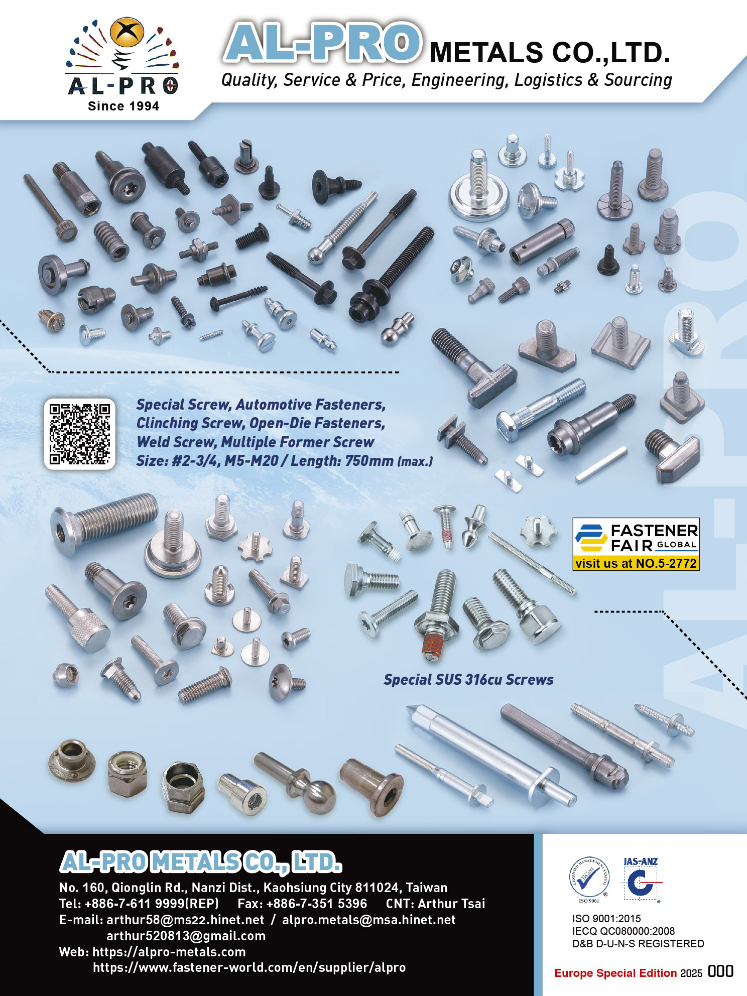 AL-PRO METALS CO., LTD. , Special Screw, Automotive Fasteners, Clinching Screw, Open-Die Fasteners, Weld Screw, Multiple Former Screw , Open Die Screw