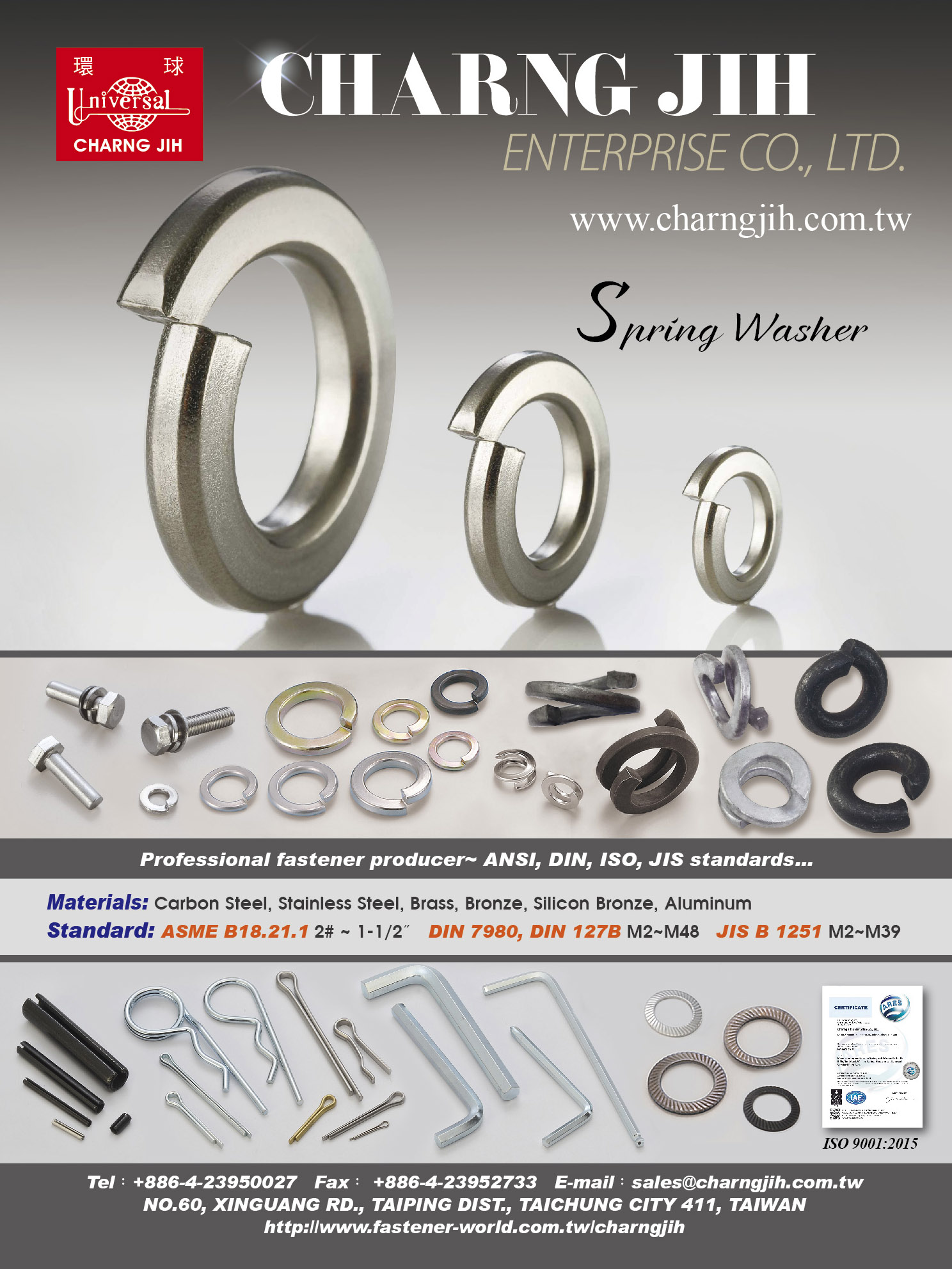 CHARNG JIH ENTERPRISE CO., LTD.  , Spring Lock Washers, Double Coil Spring Lock Washers, SEMS Washers, Tooth / Flat Washers, Cotter Pins, R-Pins , Spring Washers