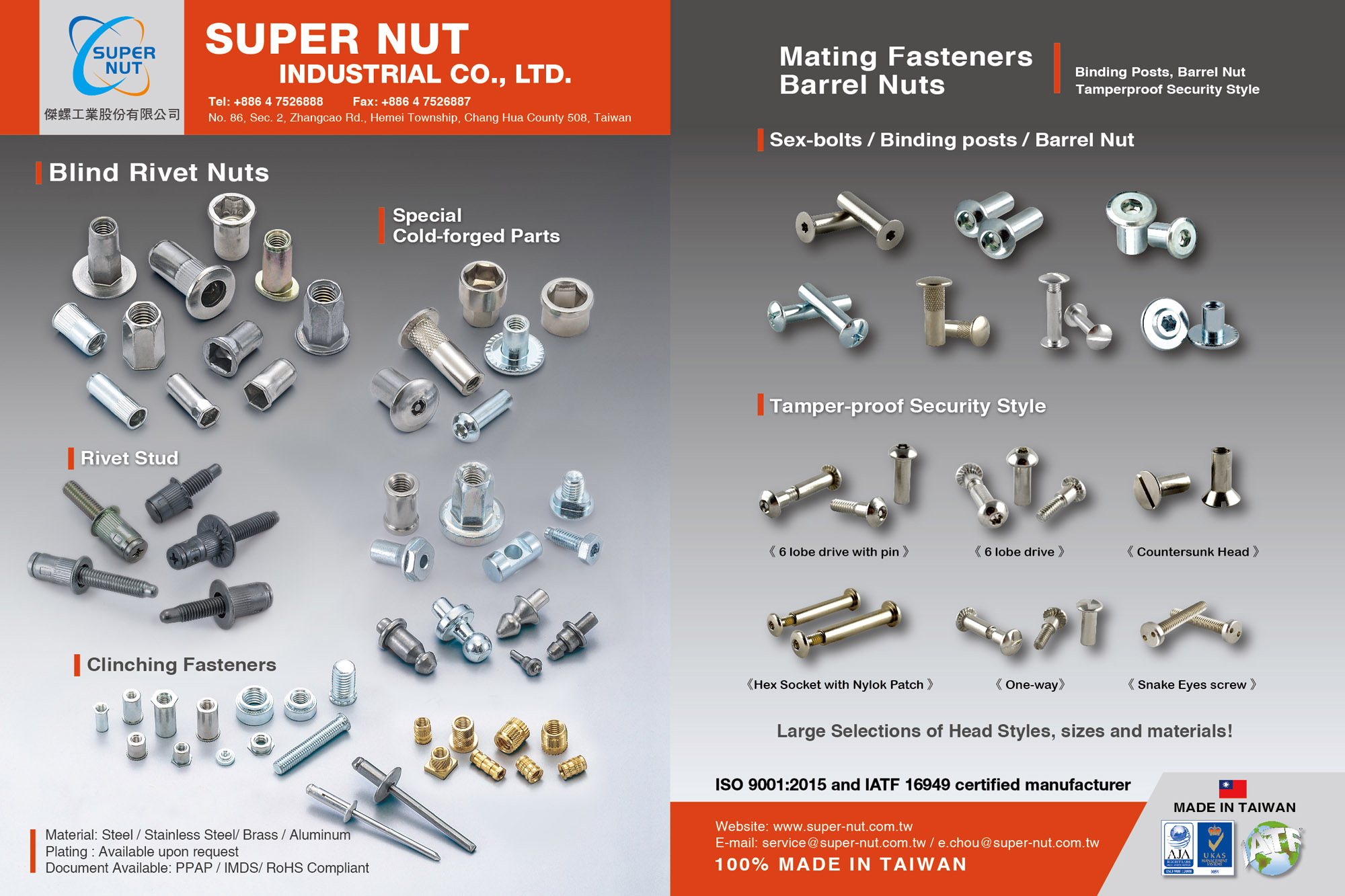 SUPER NUT INDUSTRIAL CO., LTD.  , Blind Rivet Nuts, Special Cold-forged Parts, Rivet Stud, Clinching Fasteners, Mating Fastener Barrel Nuts, Sex-bolts, Binding Posts, Tamper-proof Security Style , Blind Nuts / Rivet Nuts