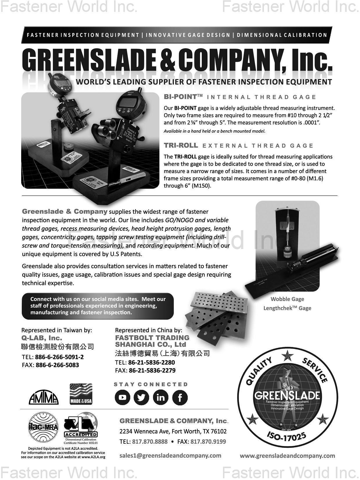 GREENSLADE & COMPANY, INC. , Fastener Inspection Equipment, Innovative Gage Design, Dimensional Calibration , Spec Inspection