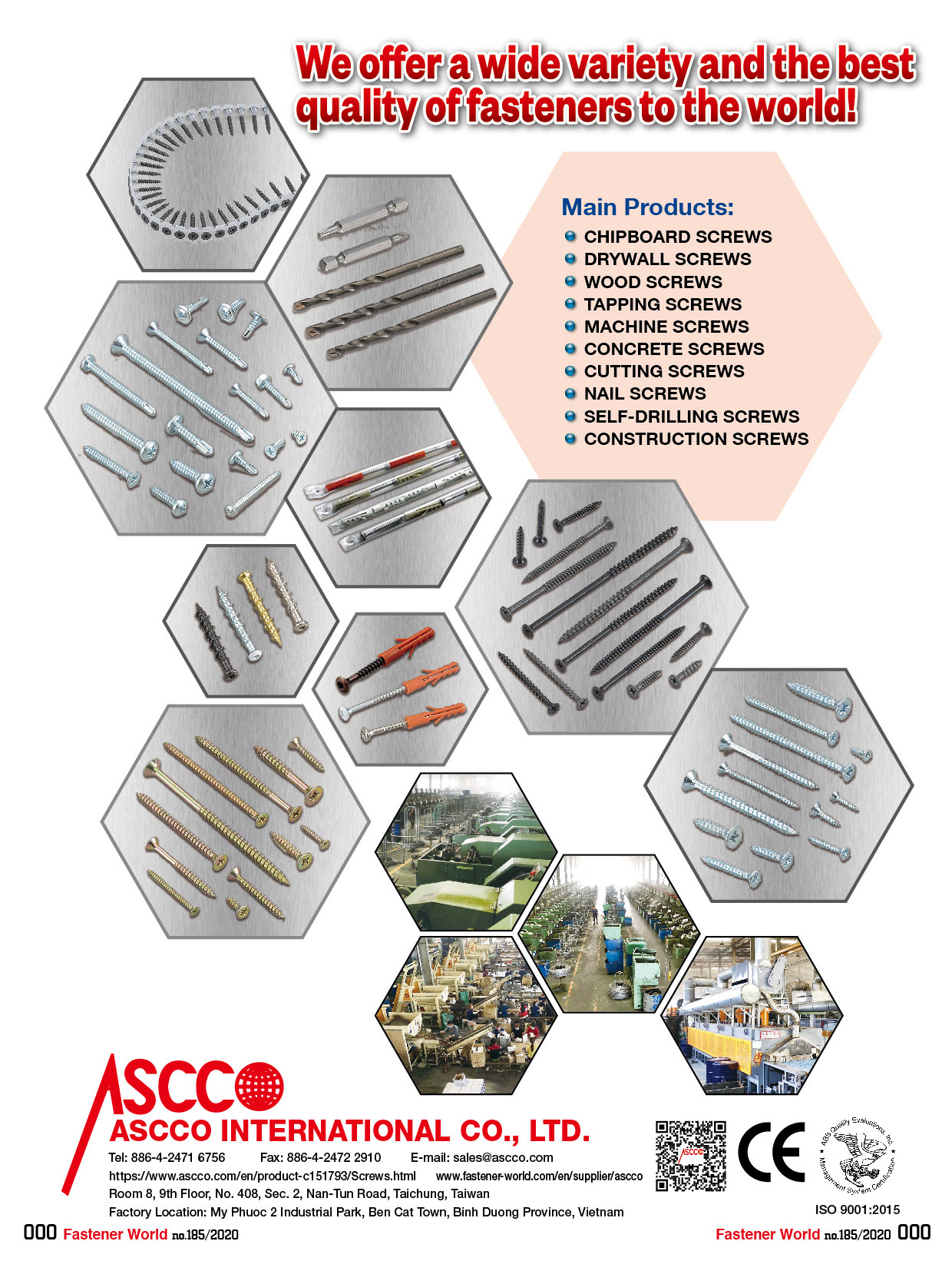 今大唯貿易有限公司 , Chipboard Screws, Drywall Screws, Wood Screws, Tapping Screws, Machine Screws, Concrete Screws, Self-Drilling Screws, Cutting Screws, Nail Screws, Construction Screws, ASCCO INTERNATIONAL CO., LTD. , 塑板螺絲