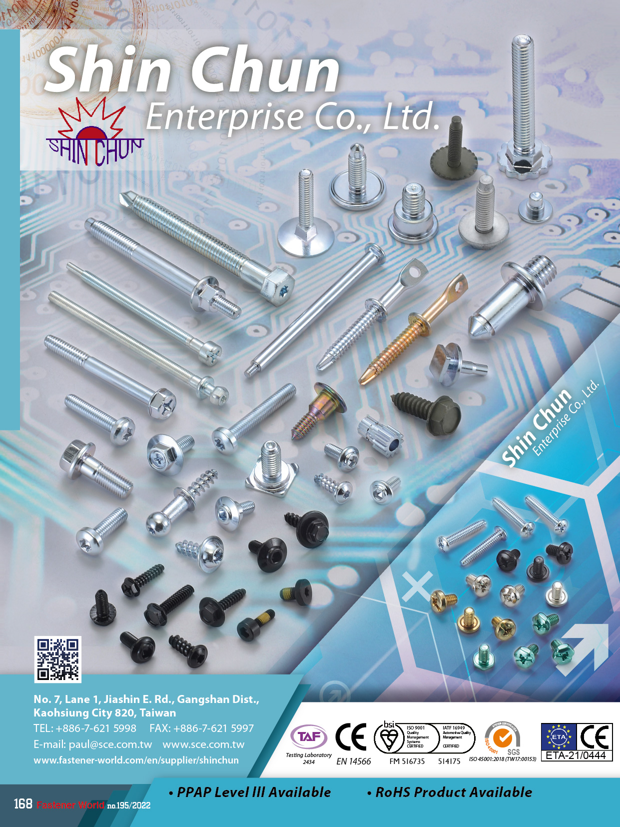 SHIN CHUN ENTERPRISE CO., LTD.  , Automotive Screws, Chipboard Screw, Collated Screw, Concrete Screws, Customized Screws, Drywall Screws, Machine Screws, One Way Screws, Plastic Screws, Self Drilling Screws, SEMS Screws, Self Tapping Screws, Thread Forming Screws, Terminal Screw, Window Screws, ColorGuard®, Winer Screw® , Precision Electronic Screws