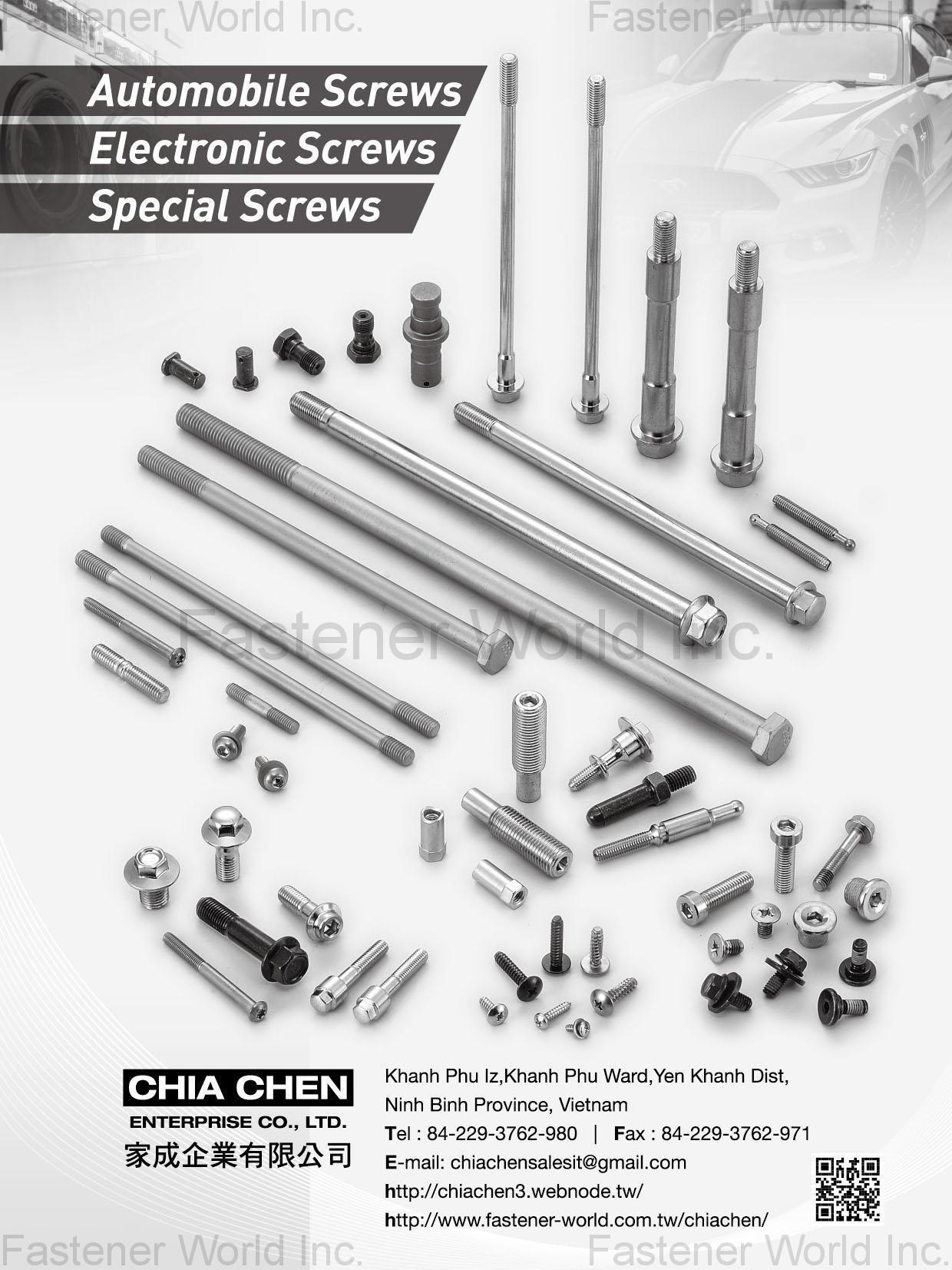 CHIA CHEN ENTERPRISE CO., LTD. , Automobile Screws, Electronic Screws, Special Screws, Machine screws, SEMS screws, Wood screws, Self-tapping screws, Drywall screws, Hex Bolts, Hex Socket Bolts, Studs, Nuts , Automotive Parts